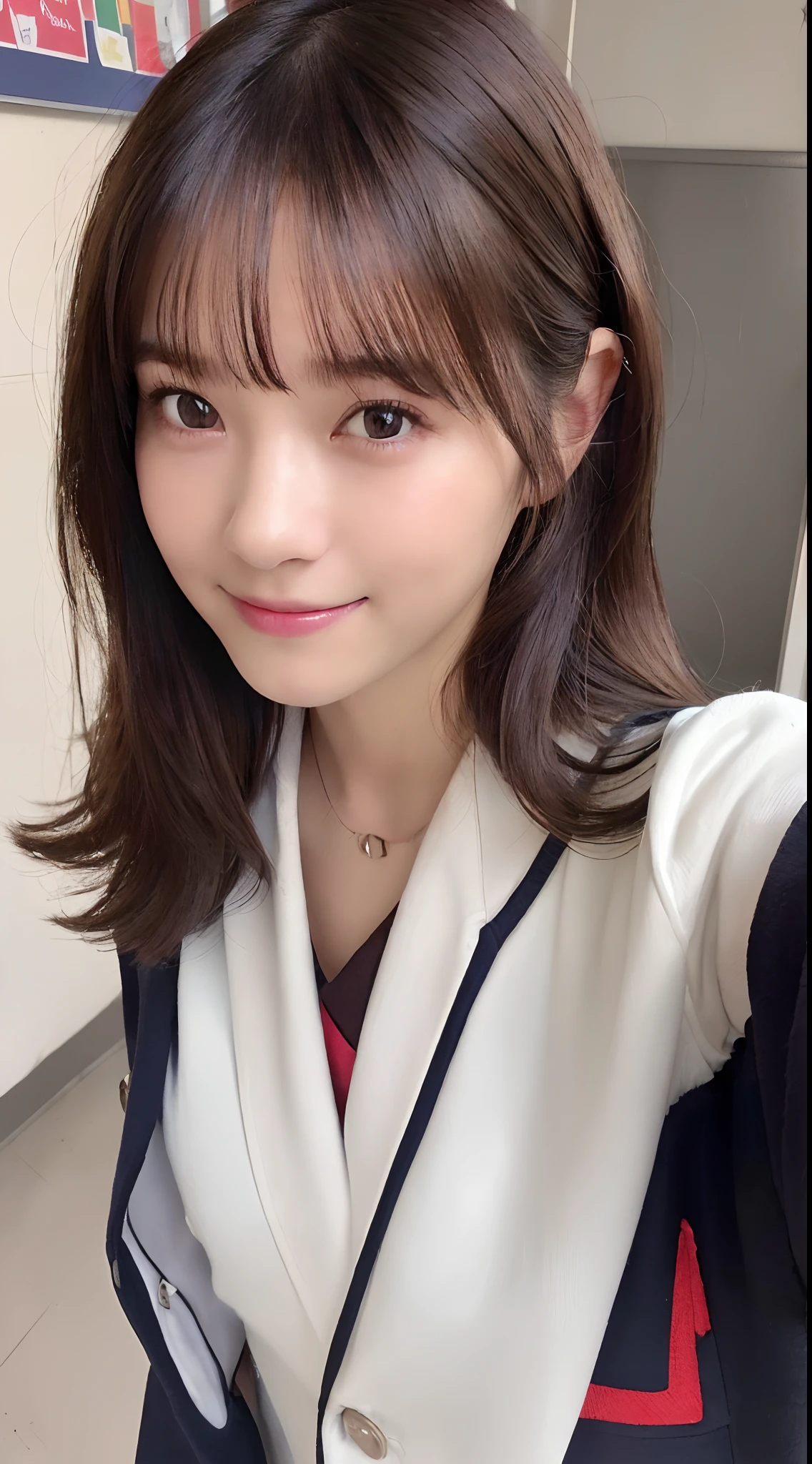 ((8K,Raw photography, top-quality, masterpiece),high definition RAW color photos professional close-up photos,(realisitic,photorealisim:1.37),(top-quality),(Best Shadows), ((up of face)),((directly in front)),A sexy, high resolution, high-definition CG unified 8K wallpapers, physically-based renderingt, Cinematographic lighting),a 18 year old girl, (blazer, high-school uniform:1.2),High School Classroom, beautiful finely detailed eyes, Light on the Face, ((up of face:1.2)), especially strong light, glowy skin, ((A dark-haired,bobhair:1.2)), (The Flash:1.2), NSFW, (Idol),((smile:1.2)),face perfect, kawaii faces,(selfie:1.2), long sleeve,