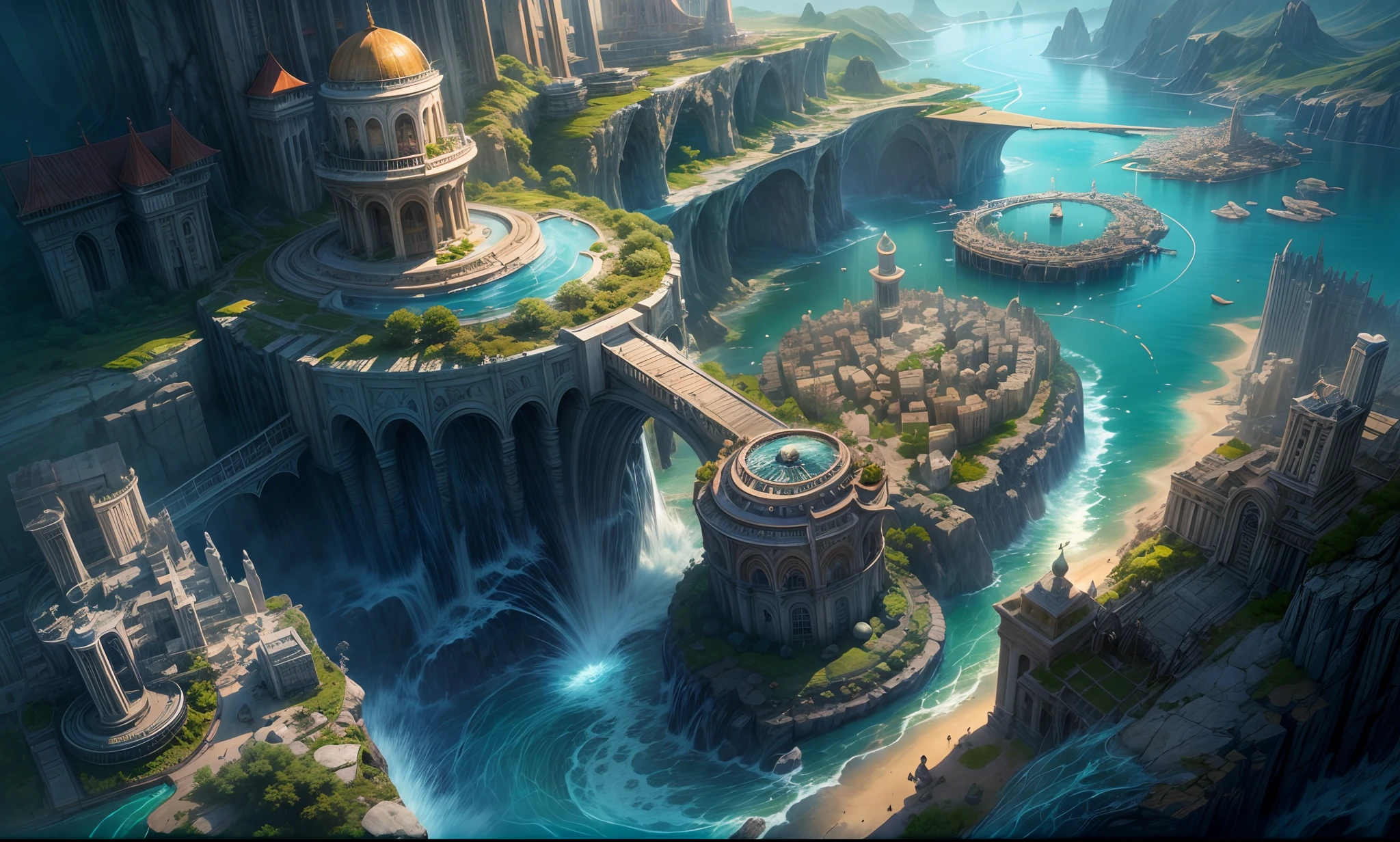 masterpiece, concept art, shot from above, wide shot, panoramic, city of Atlantis, city on water, waterfall, fantasy theme, vast ocean, volumetric lighting, global illumination, HD