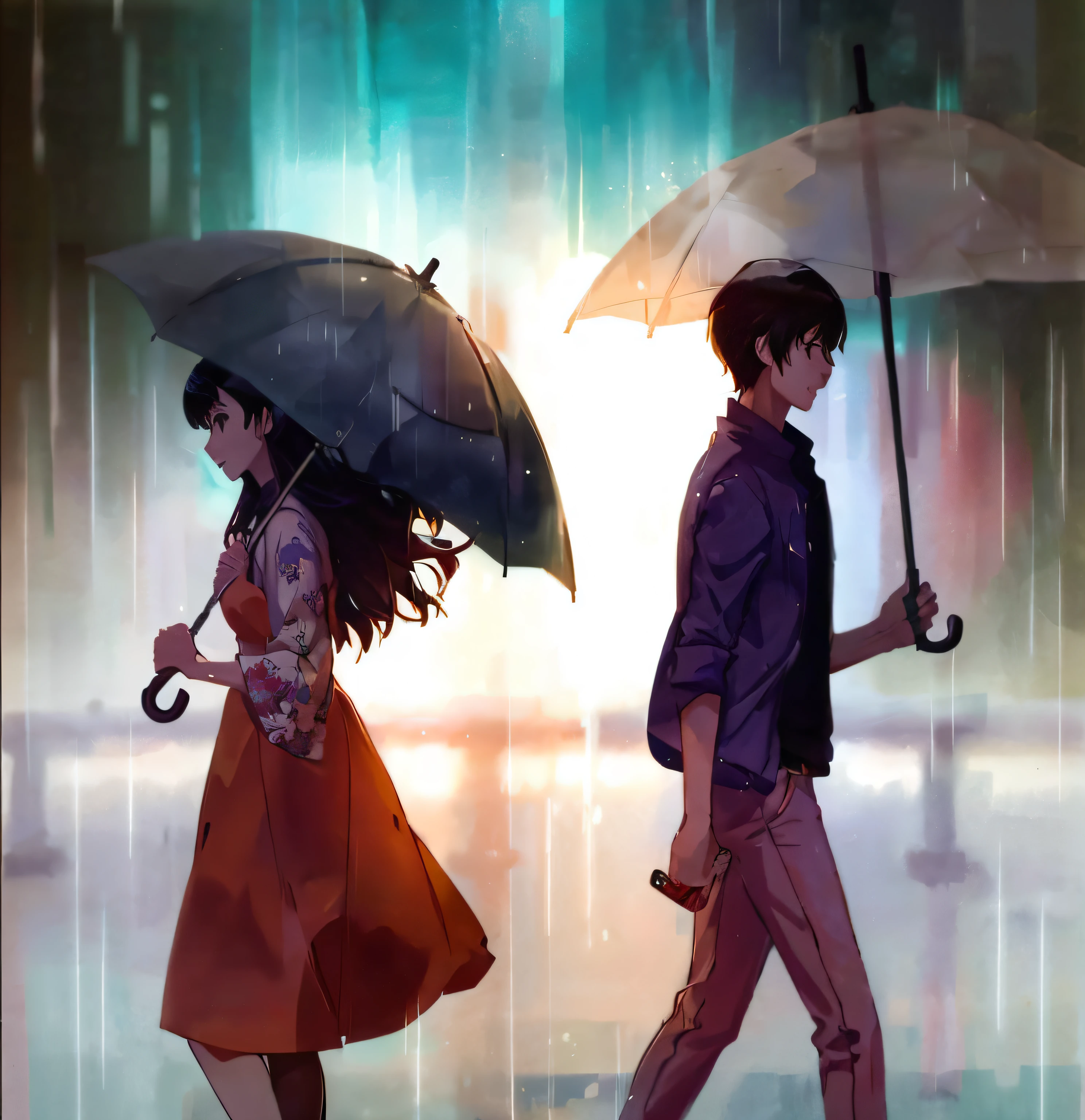 anime couple walking in the rain with umbrellas in hand, guweiz and makoto shinkai, makoto shinkai cyril rolando, conrad roset and makoto shinkai, artwork in the style of guweiz, fiona staples and makoto shinkai, sakimichan and makoto shinkai, atmospheric anime, under rain, by Yuumei ((high quality )) ((masterpiece)), 8k, anime,