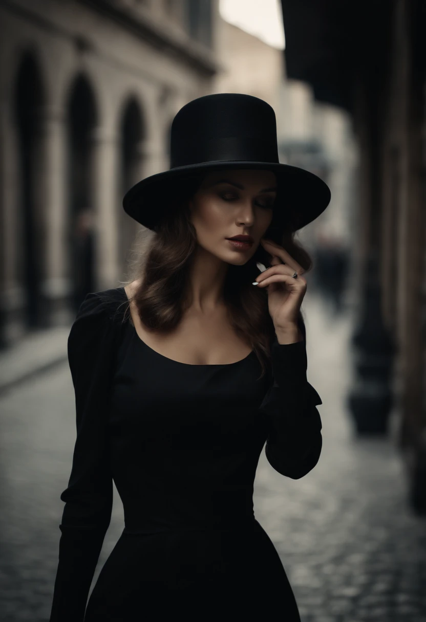 (mysterious woman),black dress,[black hat],(mysterious),walking on [old streets],smoking cigarette,("best quality:1.2"),(ultra-detailed),(realistic:1.37),portraits,moody lighting