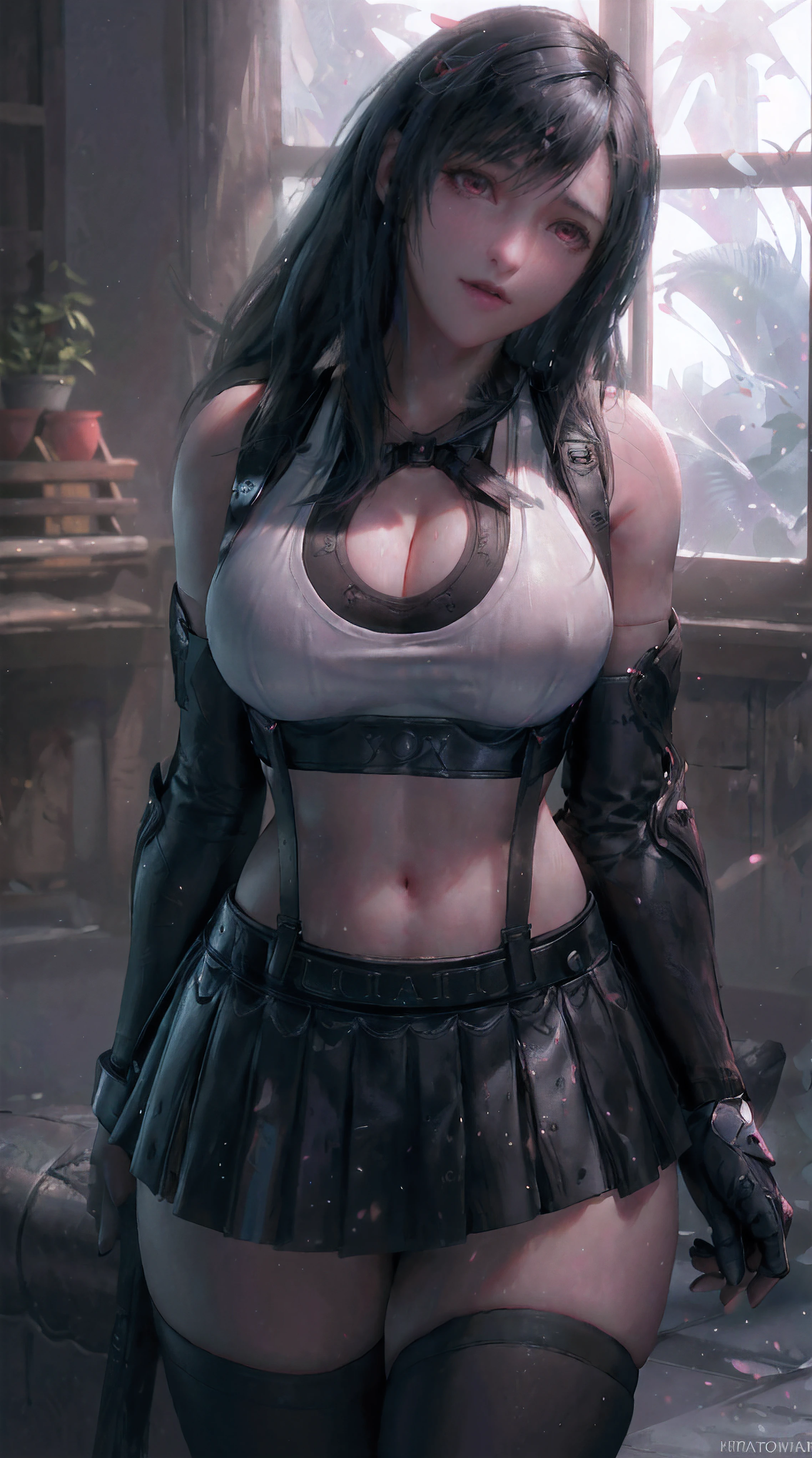 Raw, cinematic shot, (sharp focus:1.5), (photorealistic:1.4), twilight lighting, volumetric lighting, ultra high res, 16K,dramatic lighting,Unreal Engine 5 Realistic Render, (masterpiece, best quality), intricate details, (Best quality)), ((masterpiece)), ((realistic)), (hyperrealism:1.2), (fractal art:1.2),
1girl, 7rtifa, crop top, arm guards, fingerless gloves, suspenders, pleated miniskirt, black thighhighs, red boots
extreme detailed eyes, colorful, highest detailed,
vibrant colors, high contrast,
(8K UHD:1.2), (photorealistic:1.2), beautiful face, top body is hyper realistic thicc muscle and hyper largest_breasts!! with the type of boobs_melons, lower is huge buttocks, wet shiny body