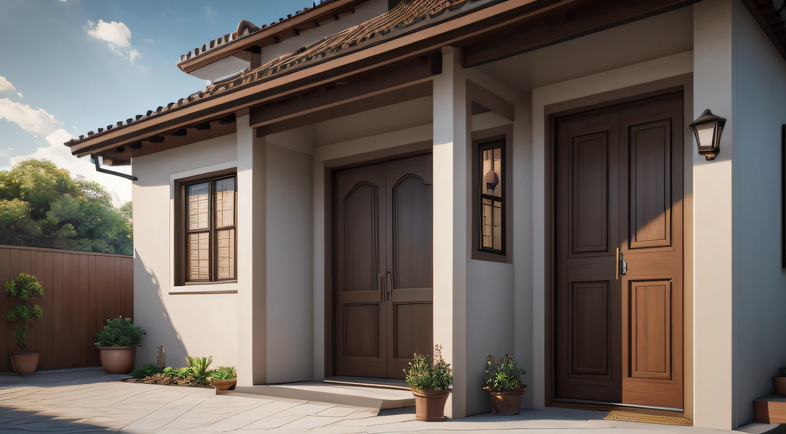 There is a small house with a brown door and a brown door, ((telhado embutido por traz de um platibando)),photorealistic render, semi-realistic rendering, quality rendering, hyper realistic detailed rendering, hyper realistic render, photorealistic render, hyperrealistic rendering, hyper - realistic render, realistic cgi render, high-quality render, photorealistic render, professional render, Renderizado em corona, photorealistic 3d render