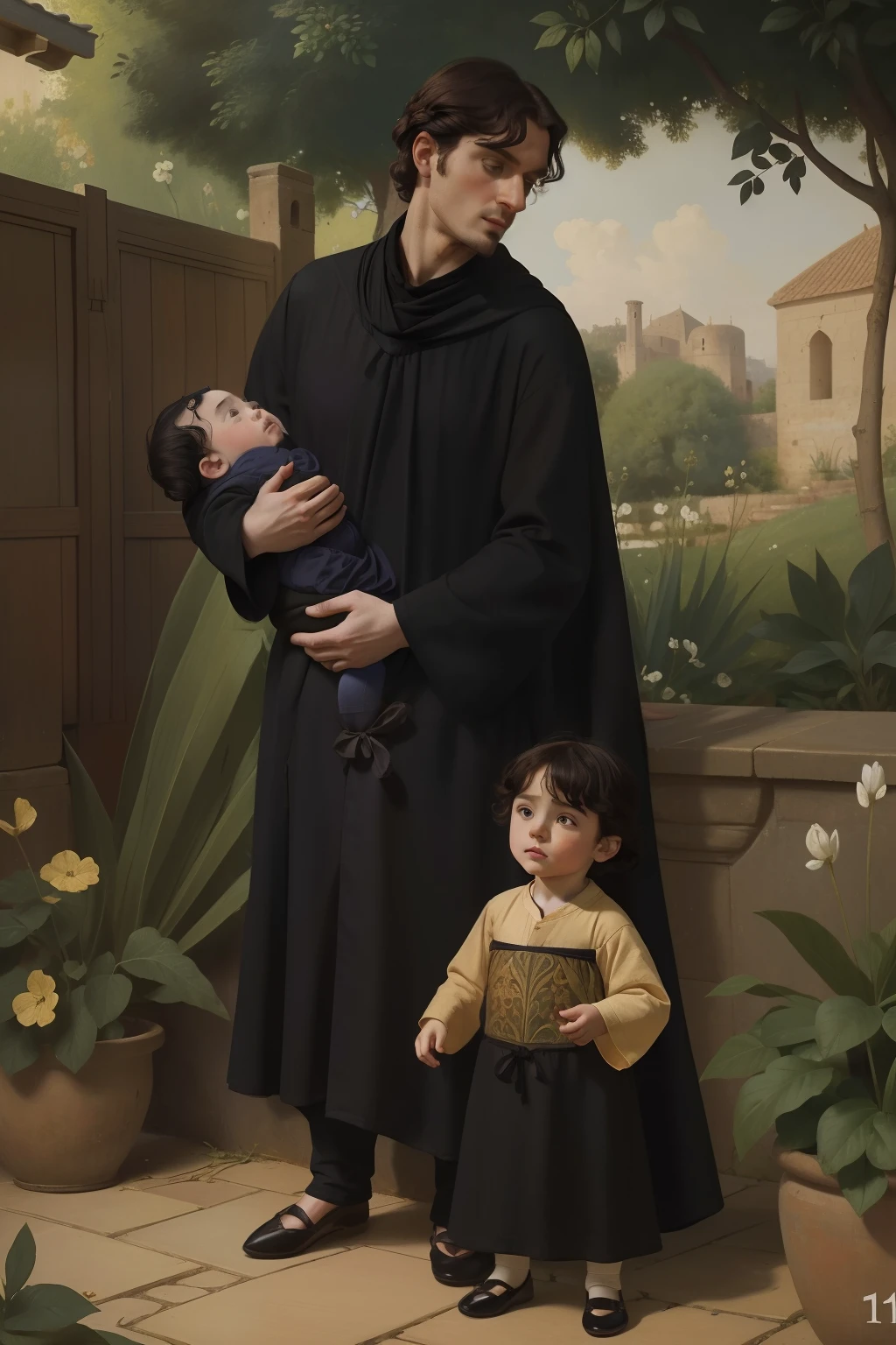 Year: 11th century. Location: Ispahan. Pre-raphaelite scene with a 25-year-old english man, with his (1--old)n, garden, (first steps), ((((11th century black caftan)))) ((11th century hairstyle)), (((cinematic style)))
