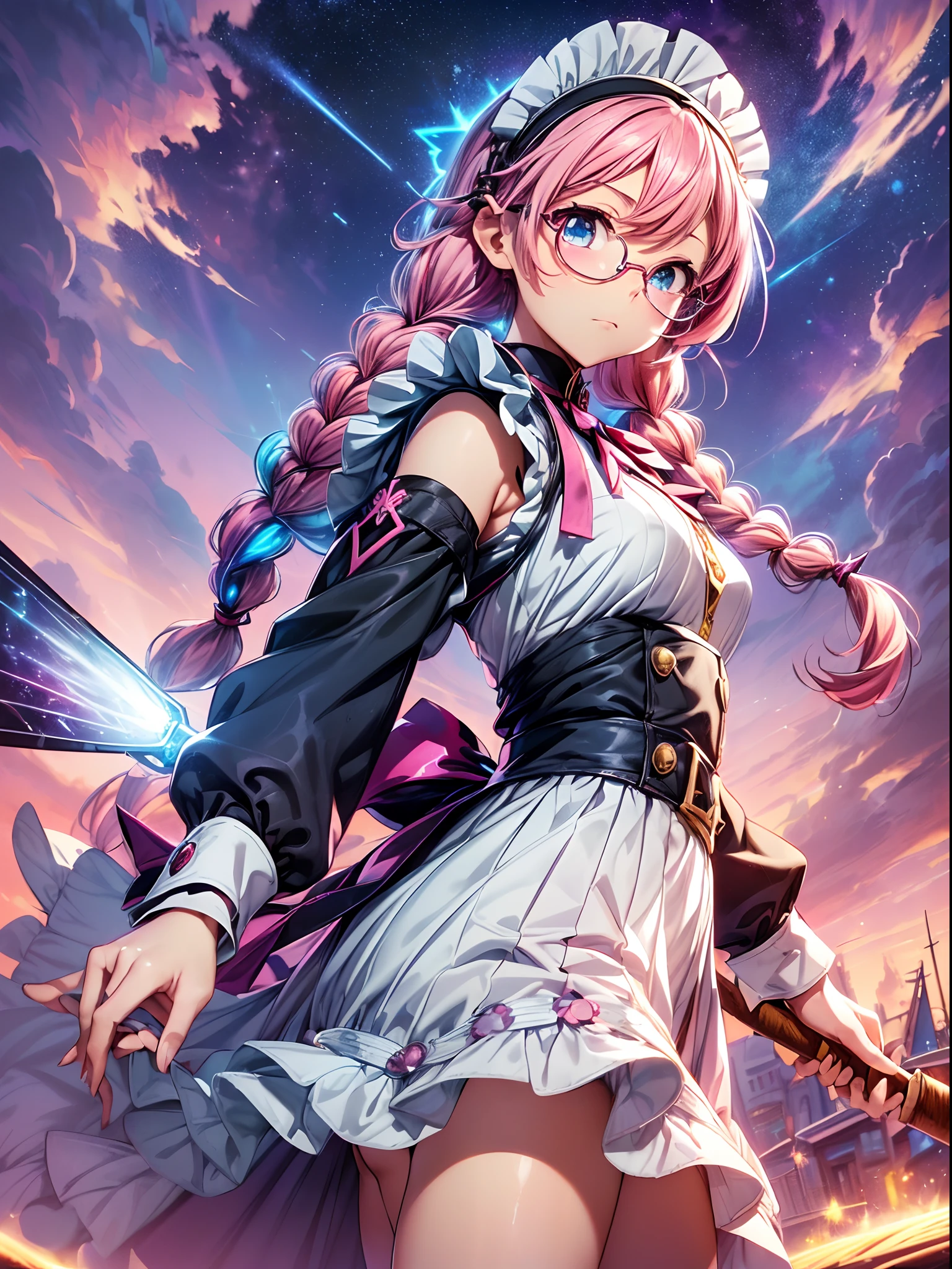 (masutepiece, Best Quality, 8K:1.37),  Official art, Magazine covers、 (Fractal Art:1.3), Solo,  ((Holding a broom:1.2)),((maid clothes, Cuffs, Art Deco Cap, Pink hair, Blue Eye, Round glasses, double braids, Dozikko, Holding a broom:1.4)) ,Super dangerous girl,   jrpg character art,Extreme close-up, Lolita,  pudica pose,  ??????????? loli,  detailed  clothes, Front view, Character Focus, In the sky, cloud, Sunset, Colorful, Cinematic magic lighting, portal, Holy Light, Golden particles, llight rays,((Background details of the Blake Aegis ship、deck:1.2))