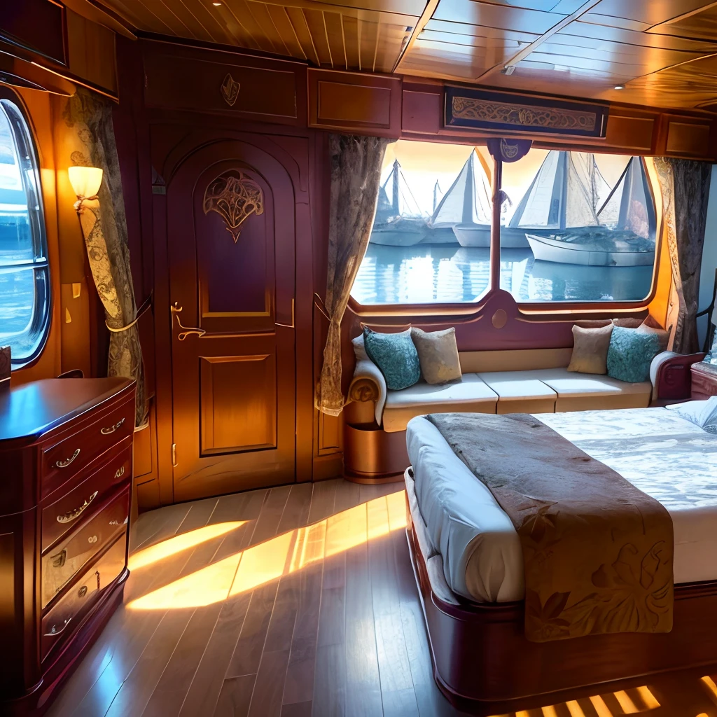 Chambre dans un bateau, des hublots ronds, Highly detailed intricate scene, mobilier moderne, une ville par la fenetre. Hd 4k hdr beaucoup de details