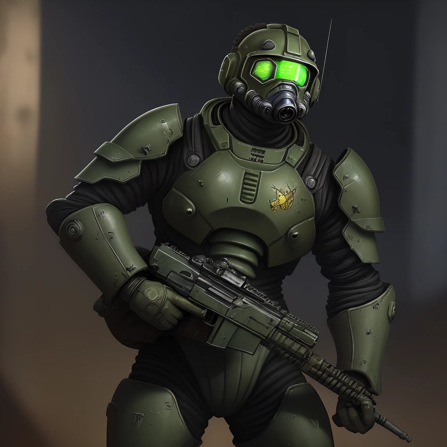 (obra-prima, melhor qualidade), 1 homem, vestindo uma power armor verde(fallout), extremamente detalhado, com capacete fechado, visor amarelo, rifle, dieselpunk, guerra, campo de batalha, StarshipTroopers