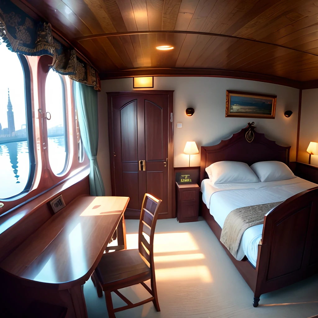 Chambre dans un bateau, des hublots ronds, Highly detailed intricate scene, mobilier moderne, une ville par la fenetre. Hd 4k hdr beaucoup de details