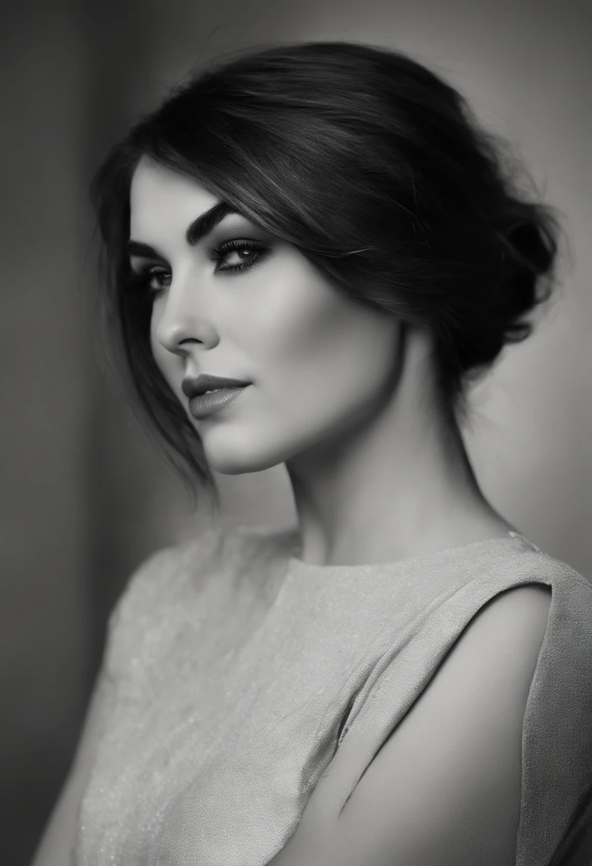 Sasha Grey, (((photorealistic), (grayscale:1.2),  (photography), (best quality:1.5), (shredded and cropped hair), (blushed cheek, eyeliner, brown eyeliner and shadow),  (golden eyes), textured skin, [hyper realistic],  face close, 80mm, soft focus , film grain:1.2