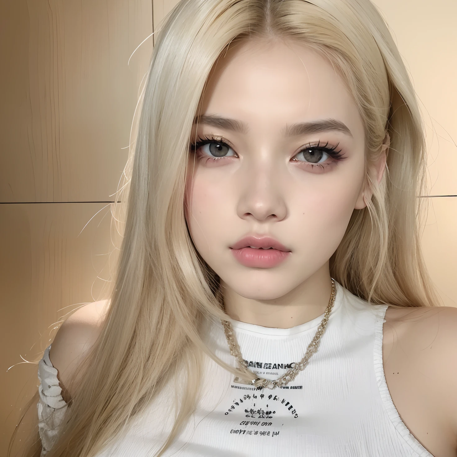 Mujer rubia con camisa blanca y collar posando para una foto, Ava Max, Parque Roseanne de Blackpink, Retrato de Jossi de Blackpink, Hermosa Delphine, maquillaje popular de Corea del Sur, pale, shiny skin, Una chica con cabello rubio, cabello rubio y ojos grandes, cabello rubio muy, very pale, Beautiful aesthetic face, maquillaje coreano popular, Su cabello es blanco, Jossi de Blackpink