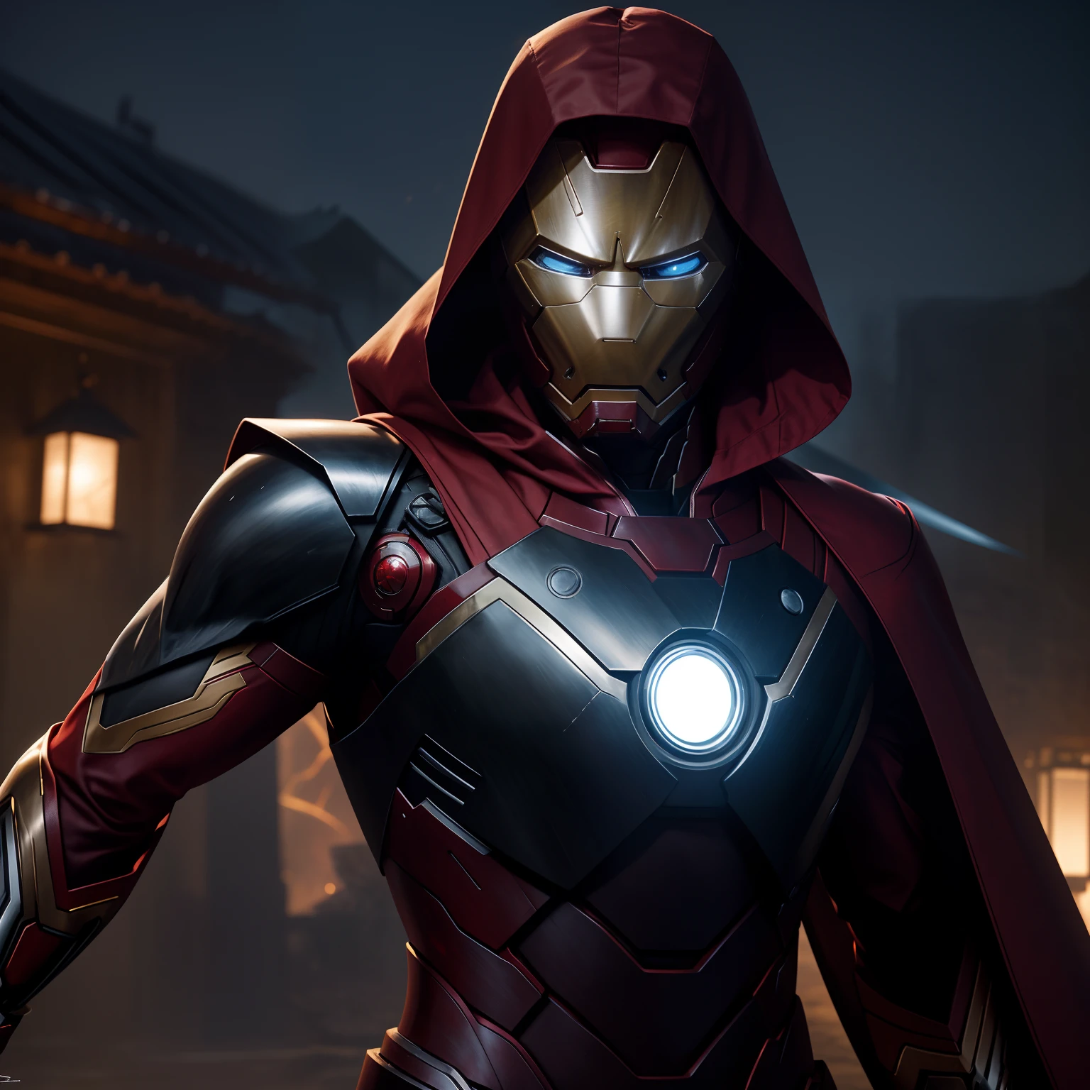 Capture the enigmatic beauty of a modern warrior - envision a stunning photograph of a ninja adorned in a sleek Iron Man-inspired costume. With a saber sword gleaming in the moonlit night, their assassin cloak adds an air of mystery. Craft a detailed and realistic image, highlighting the intensity and allure of their stealthy presence, wearing iron man mask.