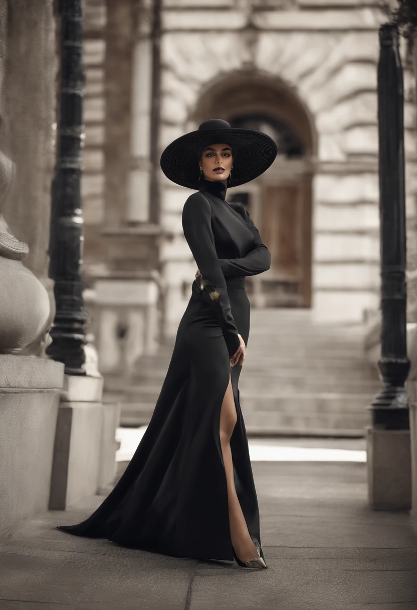 (mulher misteriosa),vestido preto,[big round black hat],(Misterioso),Caminhando em frente [ruas antigas],fumar cigarro,("best quality:1.2"),(ultra-detalhado),(Realistic:1.37),Retratos,Moody Lighting