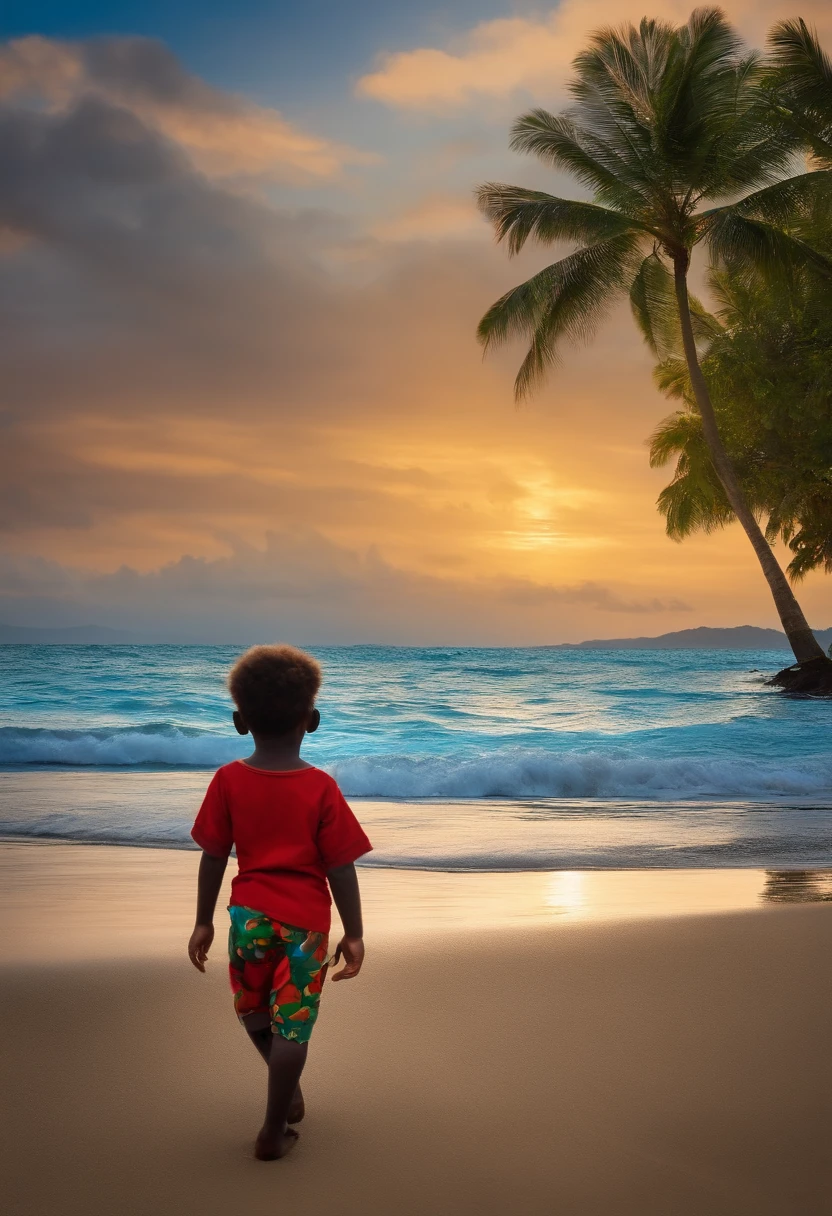 Create a little boy from Melanesia, walking on the beautiful sea shore, looking out to the sea toward a ship