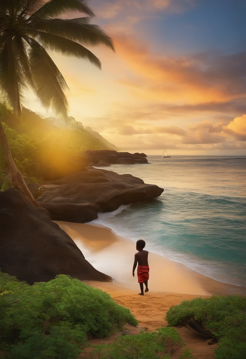 Create a boy from Melanesia, walking on the beautiful sea shore, looking out to the sea toward a ship