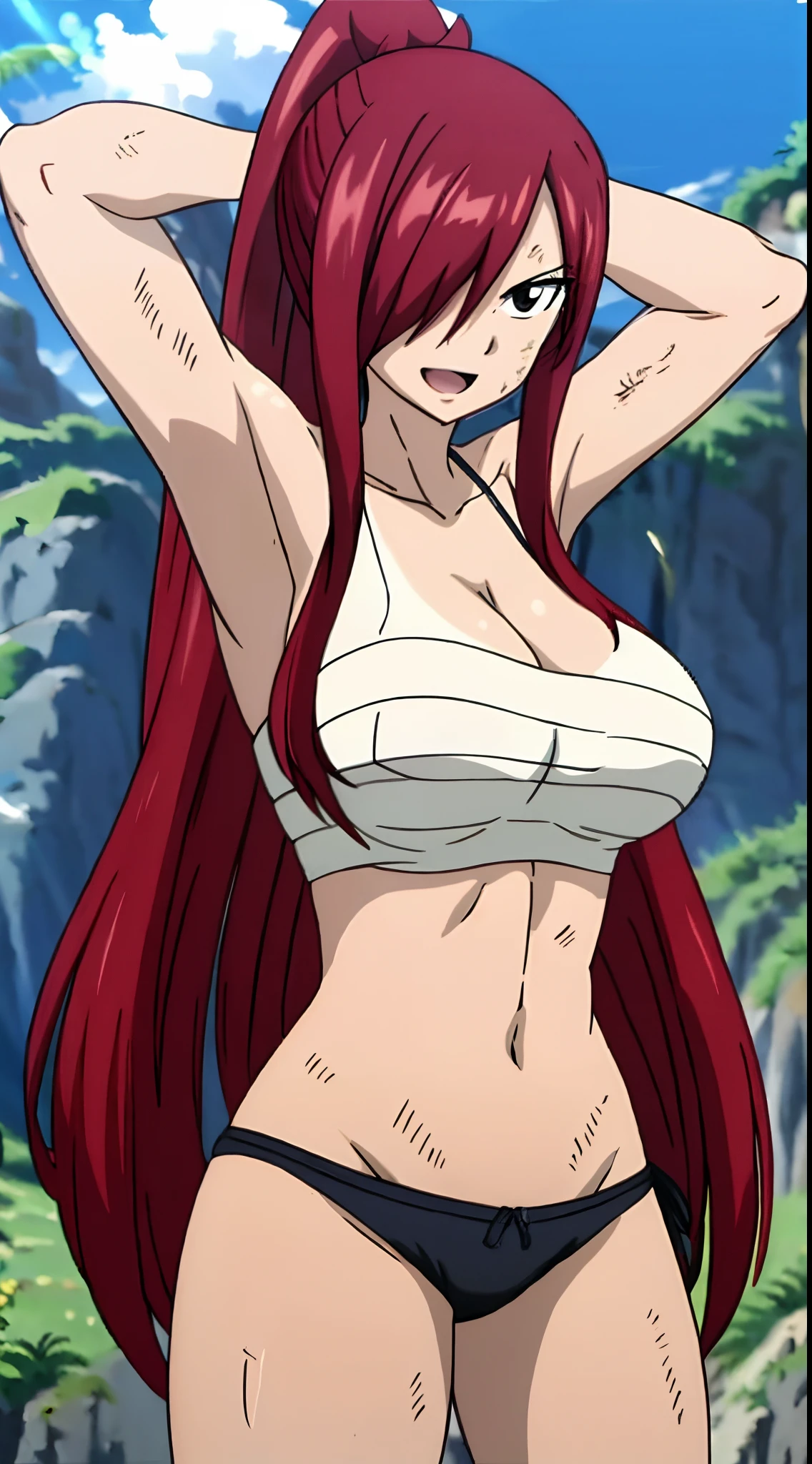 masterpiece, anime style, beach, best quality, highres, fairy tail, 1girl, long hair, ponytail, reddish hair, (bang cover one eye, one hidden eye, brown eye), large breasts, collarbone, midriff, black bikini, standing, outdoors, smile, open mouth, emo hair, thick arms, broad shoulders, mature woman, (tall), wide shoulders, long belly, armpit, strong arms, ultra detailed arms