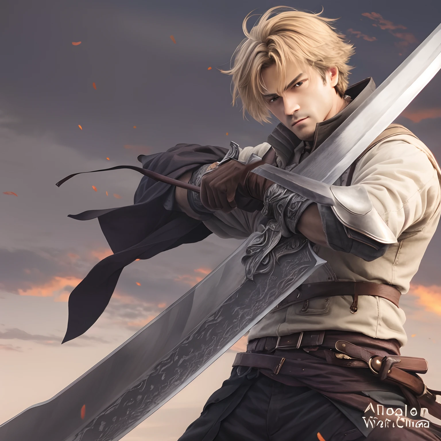 a man with a sword in his hand, with large sword, holds a black sword