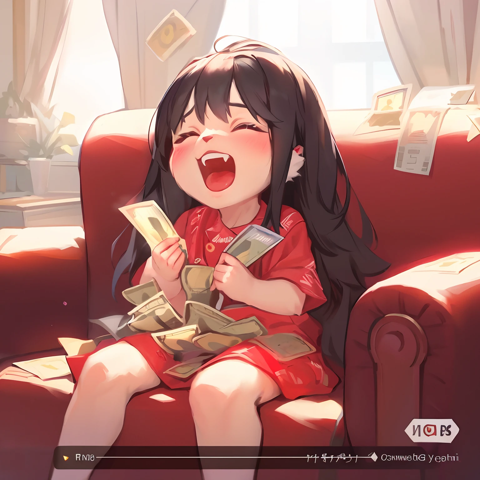 A girl sitting on a red sofa, holding money, in the style of Guweizi, on CGSTATION, Lofi girl, a cute vtuber named Ruankoai, Kawashi, by Yang J, with a Zero vibe, artwork in the style of Guweizi, cute anime, Pisif, Guweizi on the Pisif art station, Pisif Grand Prix champion (best quality, 4k, 8k, highres, masterpiece:1.2), ultra-detailed, (realistic, photorealistic, photo-realistic:1.37), HDR, UHD, studio lighting, ultra-fine painting, sharp focus, physically-based rendering, extreme detail description, professional, vivid colors, bokeh, portraits, anime, photography, vibrant color palette, soft lighting.