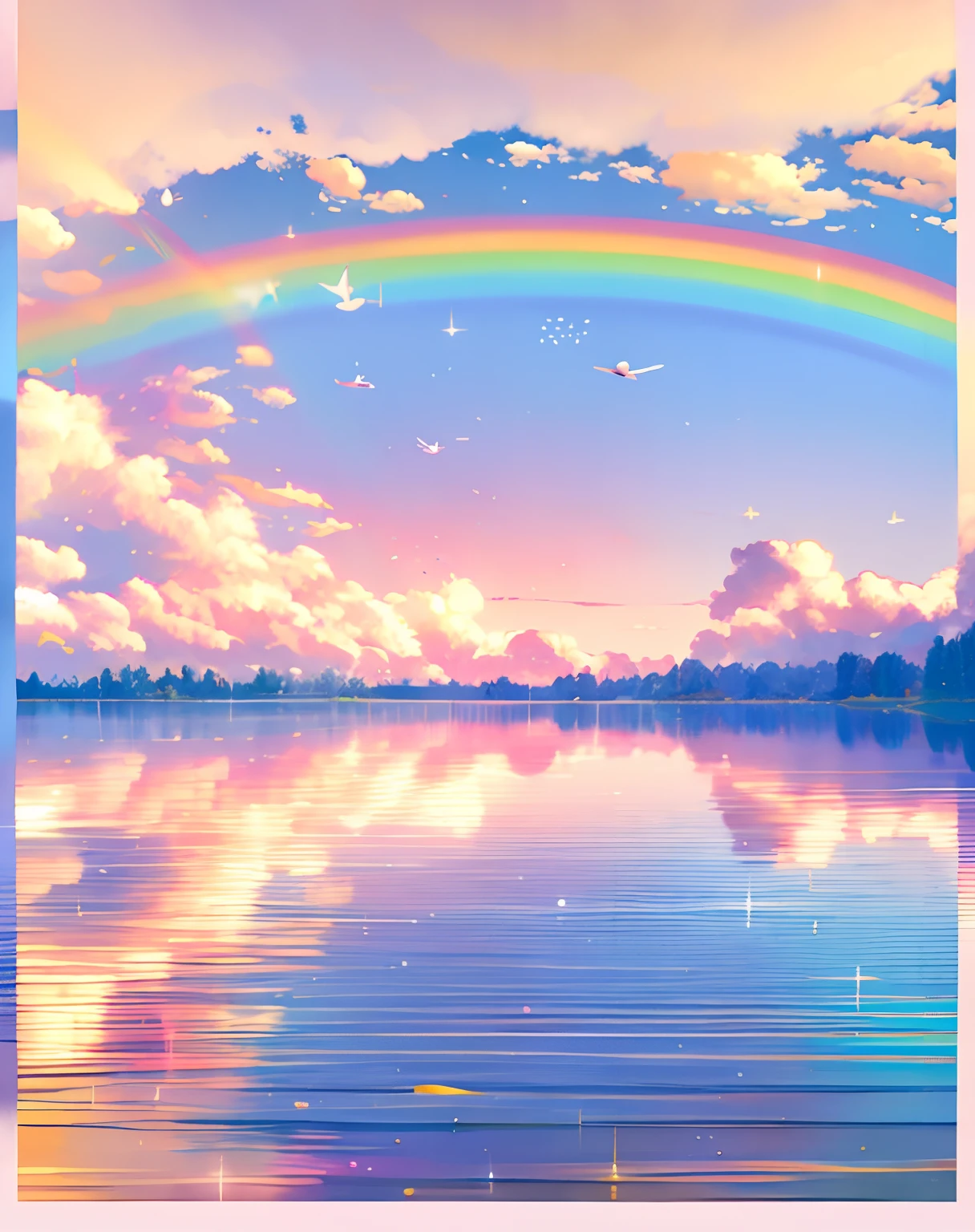 Many swans swim in the water under the rainbow, Rainbow reflections, ethereal rainbows, Rainbow, still of rainbow ophanim, Rainbow reflections, Faded rainbow lights, rinko kawauchi, pastel rainbow, brocken spectre, rainbowing, prize winning color photo, Rainbow gradient reflection, rainbow in the sky, amazing color photograph, raining rainbow, heaven on earth