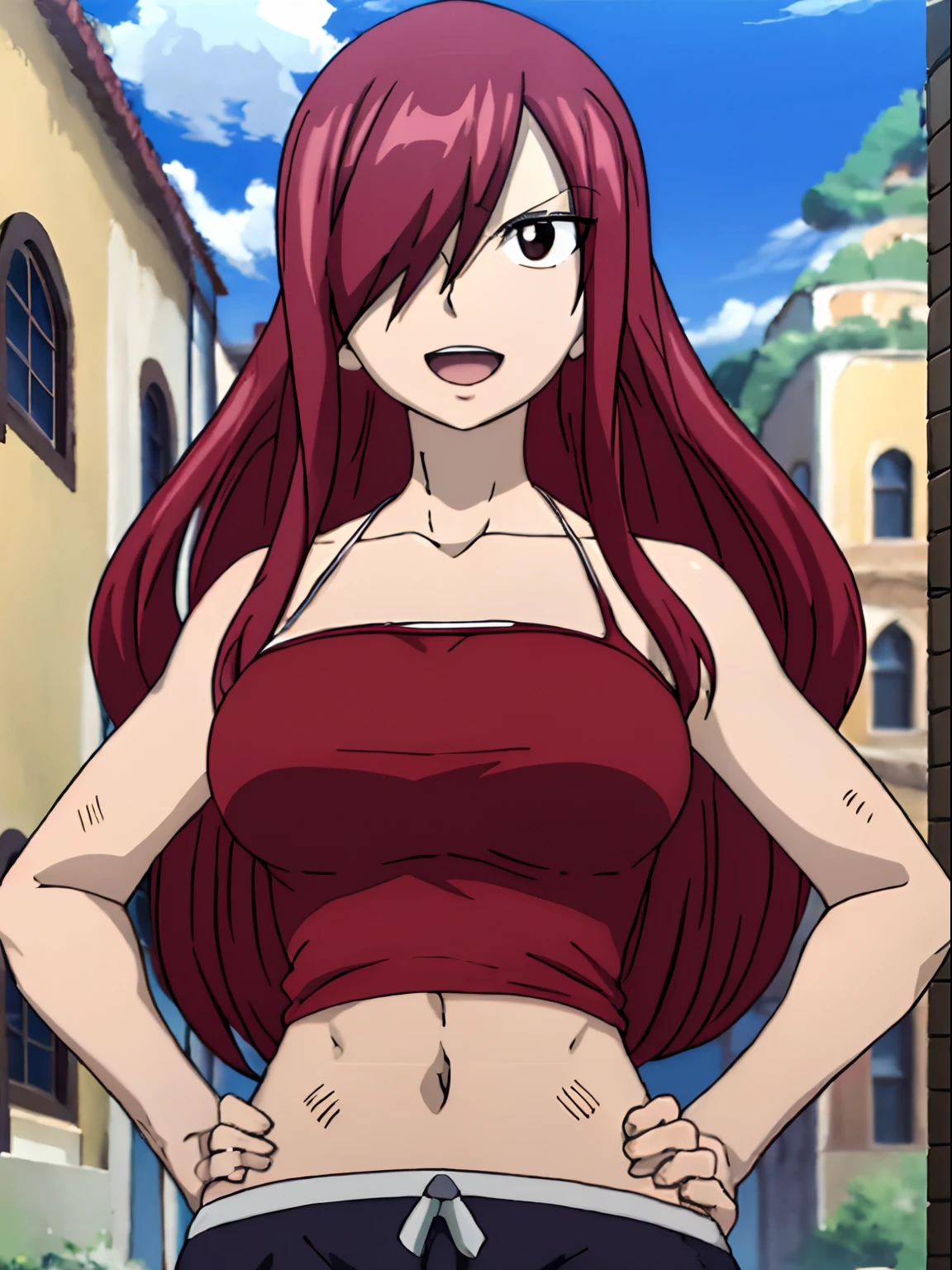 masterpiece, anime style, beach, best quality, highres, fairy tail, 1girl, long hair, reddish hair, (bang cover one eye, one hidden eye, brown eye), large breasts, collarbone, midriff, standing, outdoors, smile, open mouth, emo hair, thick arms, broad shoulders, mature woman, (tall), wide shoulders, long belly, hands on hips, strong arms, ultra detailed arms, black wrestling gear