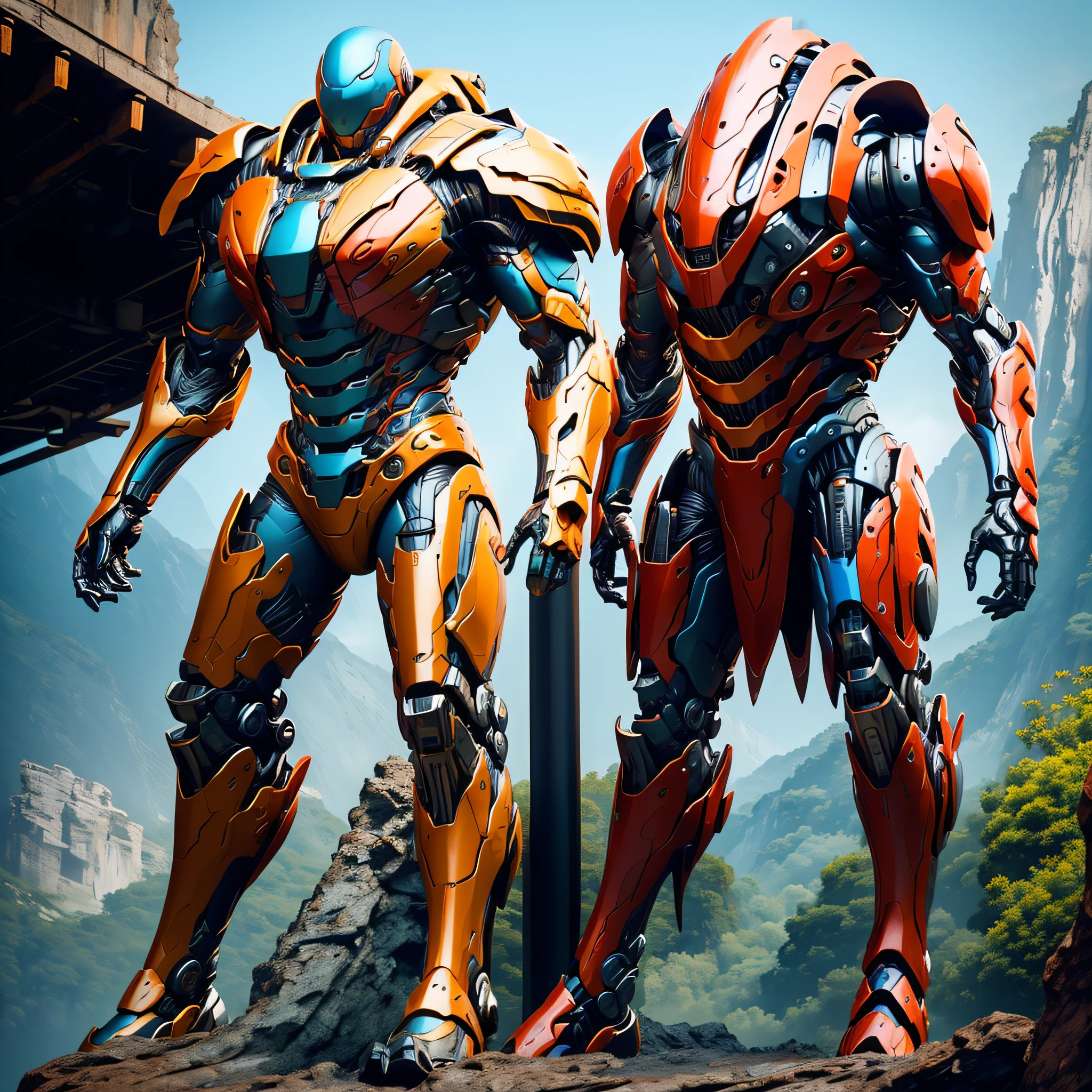 a metal Mech, In the style of acrobat, transparent skin, carbon fiber and titanium textures, multi colored intricate very detailed muscle fibers, Fibonacci armor, 3d rendered, red green blue and orange, photorealistic, vivid colors, cyberpunk, super strength, standing on edge of cliff, at a distance, wide angle view