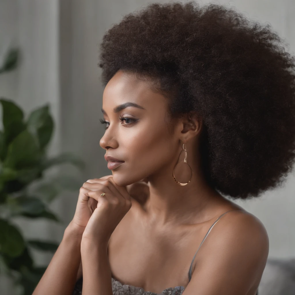 Beautiful dark-skinned woman with afro hairstyle, Front photo of the influencer looking at the camera with both hands crossed and bent in front of her.