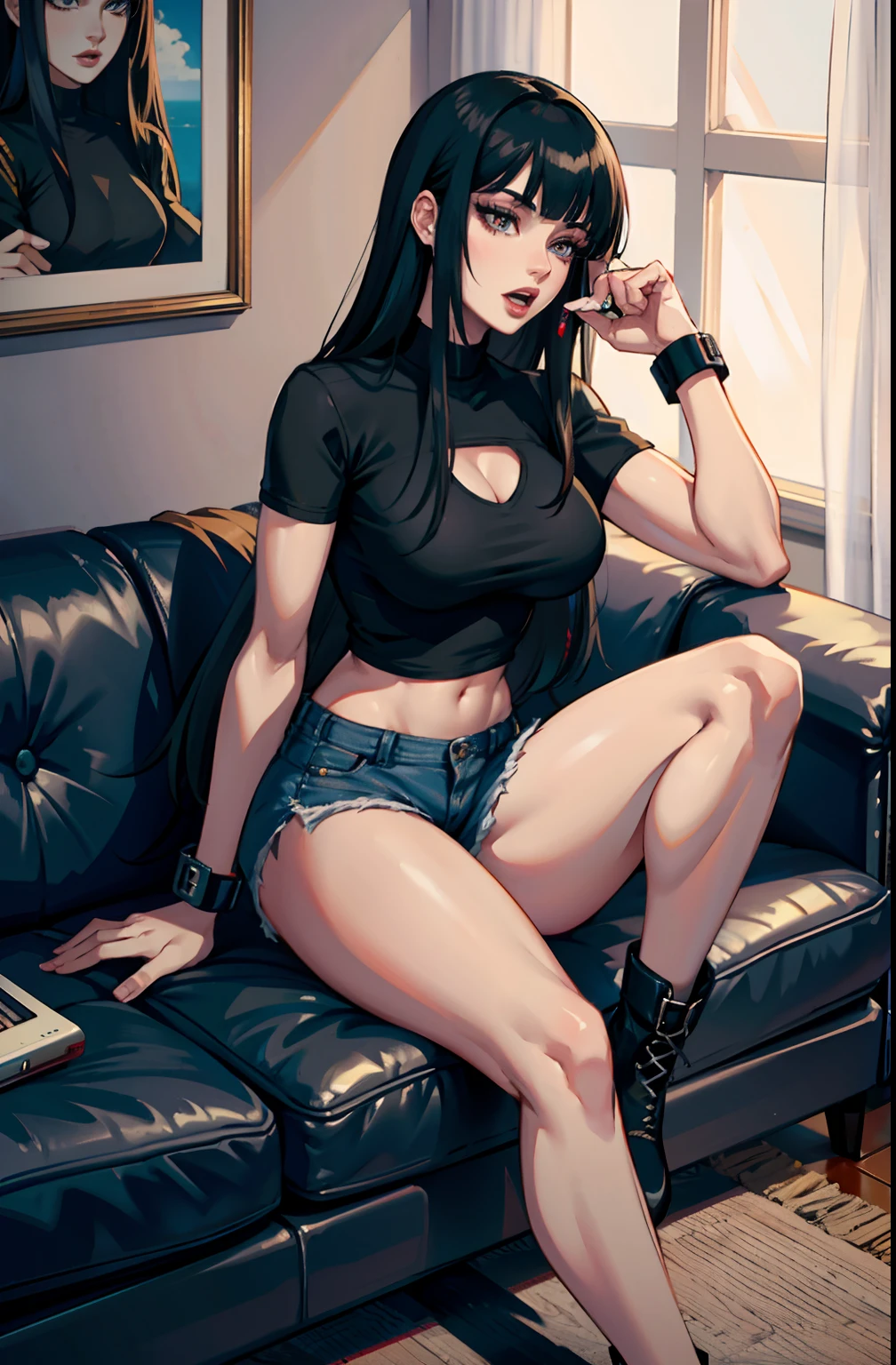 Goth Woman, long black hair with bangs, pale skin, black t-shirt, black mini shorts, black clothes, looking to the side distracted, sitting on the sofa, talking on the cell phone, on a cell phone call, talking, open mouth, attractive look, mature face, deep slanted eyes, muscular body, defined biceps, thick legs, slim waist, talking on the cell phone, on a cell phone call