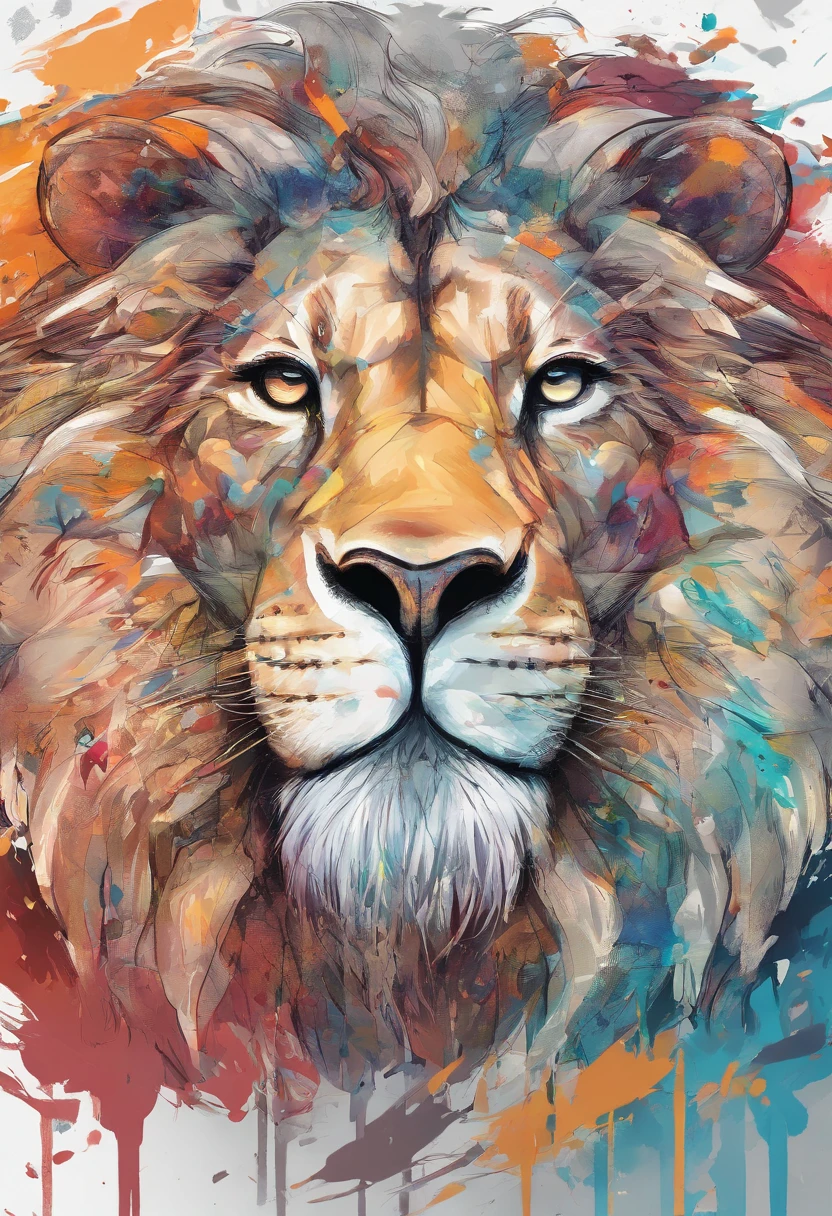 arte splash, a lion head, juba bem detalhada ((fundo branco)), olhos penetrantes, usando uma coroa de rei, epic instagram, art-station, estilo splash de tinta colorida+, contorno, hiperdetalhado intricadamente detalhado, Motor irreal, genial, detalhes intrincados, tela inicial, cores complementares, conceito realista arte, 8K分辨率, obra-prima do deviantart, oil-painting, pinceladas pesadas, pingos de tinta, artes de salpicos