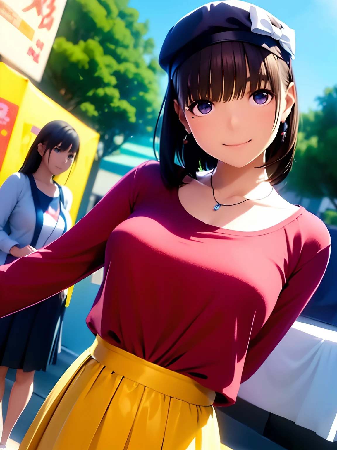 hight resolution,8K,Best Quality,detaileds,semi - realistic anime,Anime 3D Style,Smooth Anime CG,1 girl in,20 year old woman in Japan,slim,modeled,shiny chestnut hair,Medium Hair,Detailed face,Beautiful and detailed eyes,Glowing skin,(Long sleeve top、long skirt),earring beautiful,a necklace,Wearing a black cap,tag, with light glowing, plein air, (a street:0.8), (a person, Large crowds:1),Beautiful details sky, (dynamicposes:0.8),Hard Focus、film grains,Soft lighting,the wind,looking at the viewers,A smile