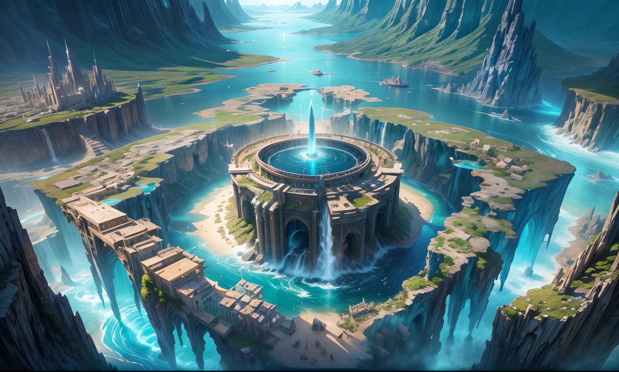 masterpiece, concept art, shot from above, wide shot, panoramic, city of Atlantis, city on water, waterfall, fantasy theme, vast ocean, volumetric lighting, global illumination, HD