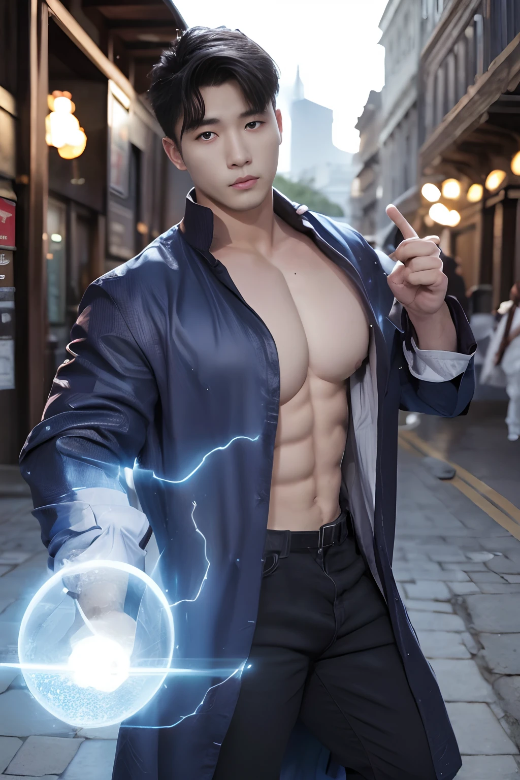 1 hombre coreano, 25 yo, solamente, obra maestra, Cara perfecta, cuerpo musculoso, cuerpo completo, (pecho desnudo), (pecho desnudo), pecho musculoso, Abs, frac detallado, monocle, tiene, pelo corto, Bonitos ojos azules, manos perfectas, guantes, Strict and dynamic posture, personal, Nardack, Magic City Fund, with magic circles, Rayos de fondo, (entrepierna voluptuosa)