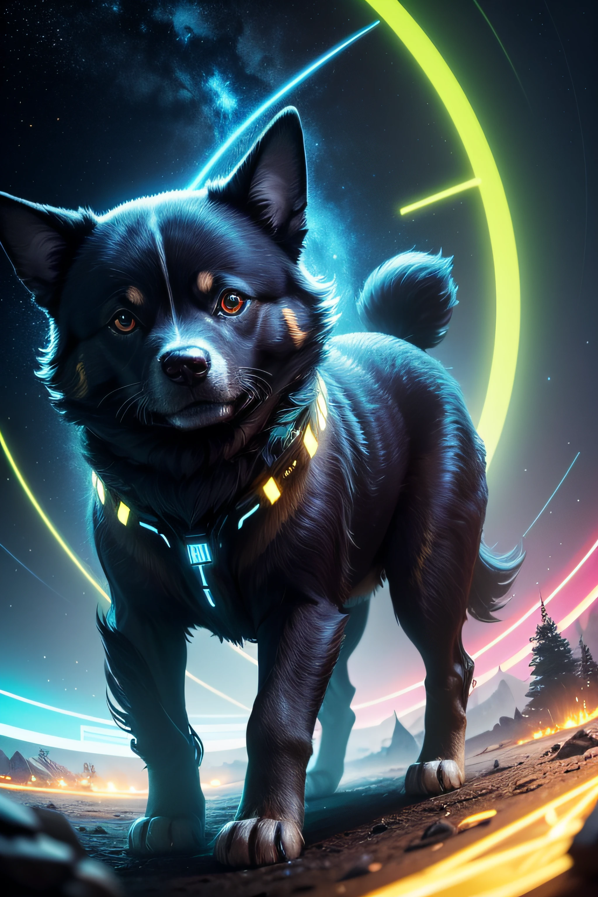 {{An amazing representation of a real electronic dog in 4K resolution with a background of worlds}}, Merging technology with nature perfectly. Their metallic coat reflects light impressively, while his cybernetic eyes shine with life. El fondo es un paisaje futurista, con rascacielos iluminados y cielos estrellados. This image is an example of digital illustration inspired by the style of sci-fi and cyberpunk. The panoramic shot, capturada con una lente gran angular, Provides an expansive view of the electronic dog world. Lighting is futuristic, with neon flashes that enhance its appearance. El nivel de detalle deseado es hiperrealista, resaltando cada componente del perro. The goal is to create an image that leaves viewers amazed by the fusion of technology and nature in high definition..