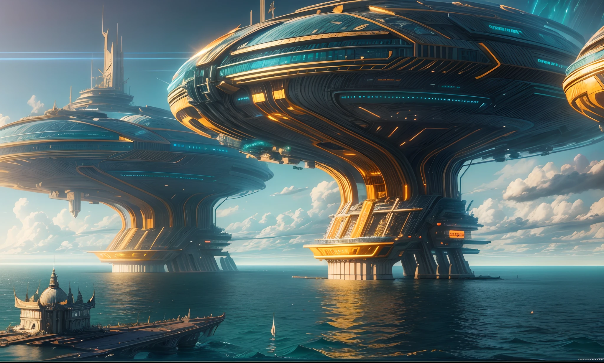 masterpiece, wide shot, panoramic, concept art, photography, solar punk theme, a futuristic ship city a top of the vast ocean, Venice inspired, volumetric lighting, reflection, global illumination, HD