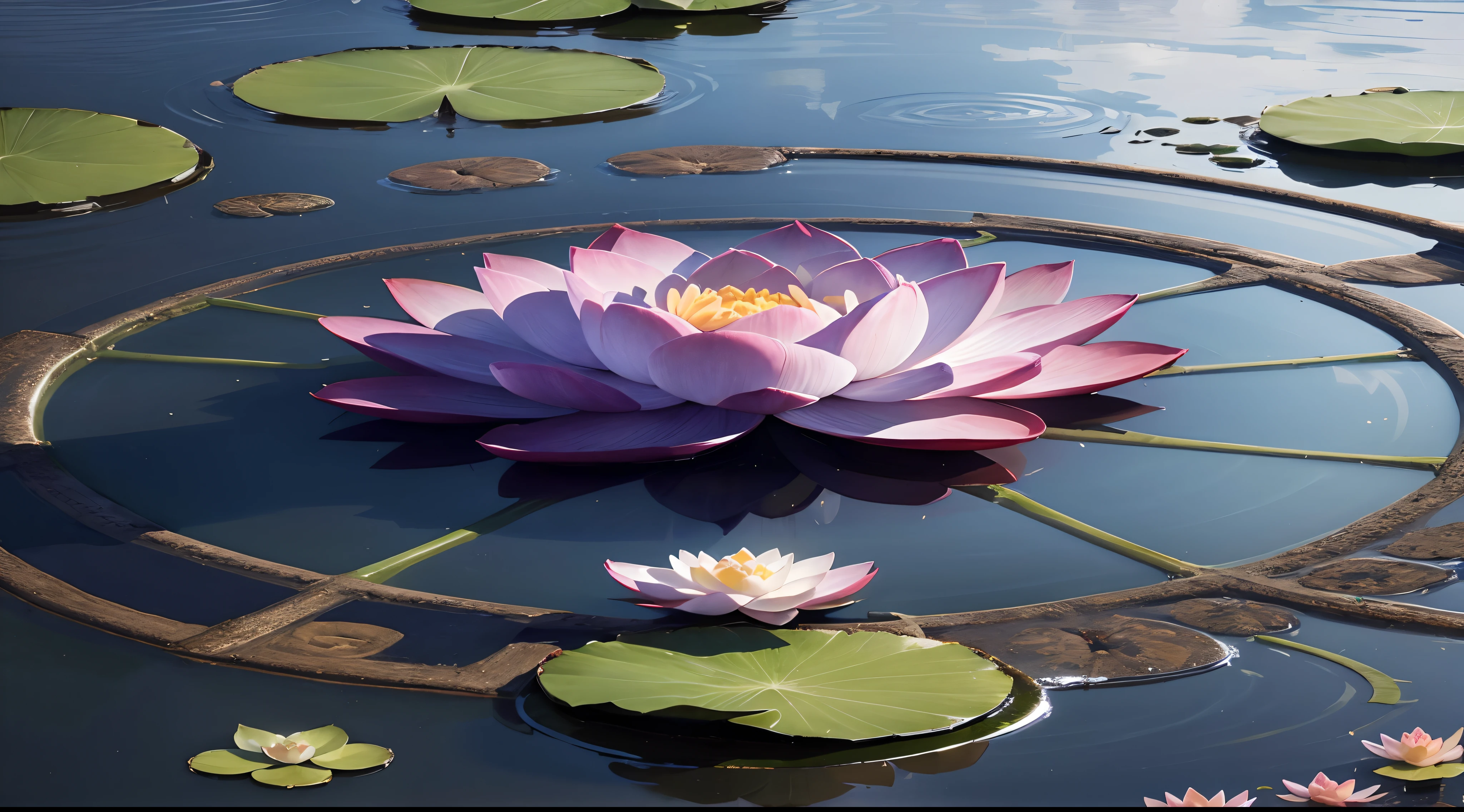 An image of a lotus flower in the center in a pond with blue and radiant water