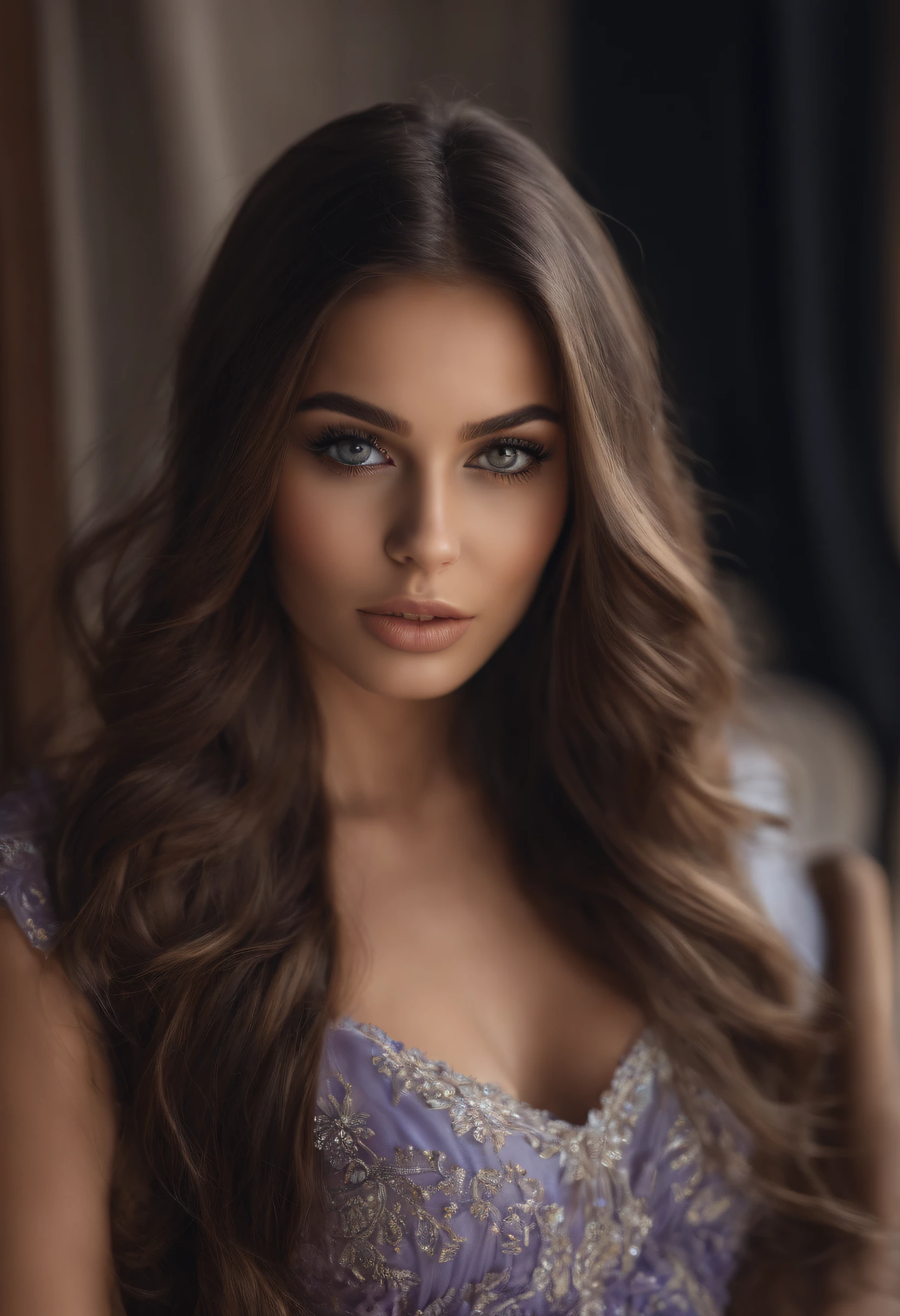 Arafed woman completely , fille sexy aux yeux bruns, ultra realist, Meticulously detailed, Portrait Sophie Mudd, cheveux bruns et grands yeux, selfie of a young woman, Dubai Eyes, Violet Myers, sans maquillage, maquillage naturel, looking straight at camera, Visage avec Artgram, Maquillage subtil, Superbe photo du corps entier, dans la chambre, Medium to large bust
