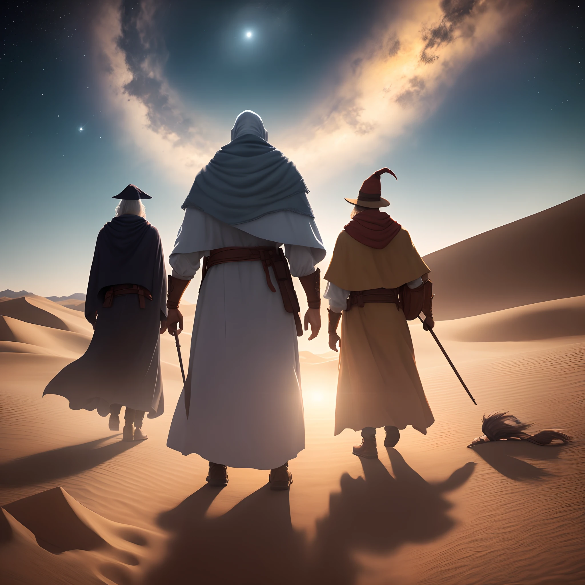 Generate an awe-inspiring image set in a vast desert where there are 3 wizards following a bright star