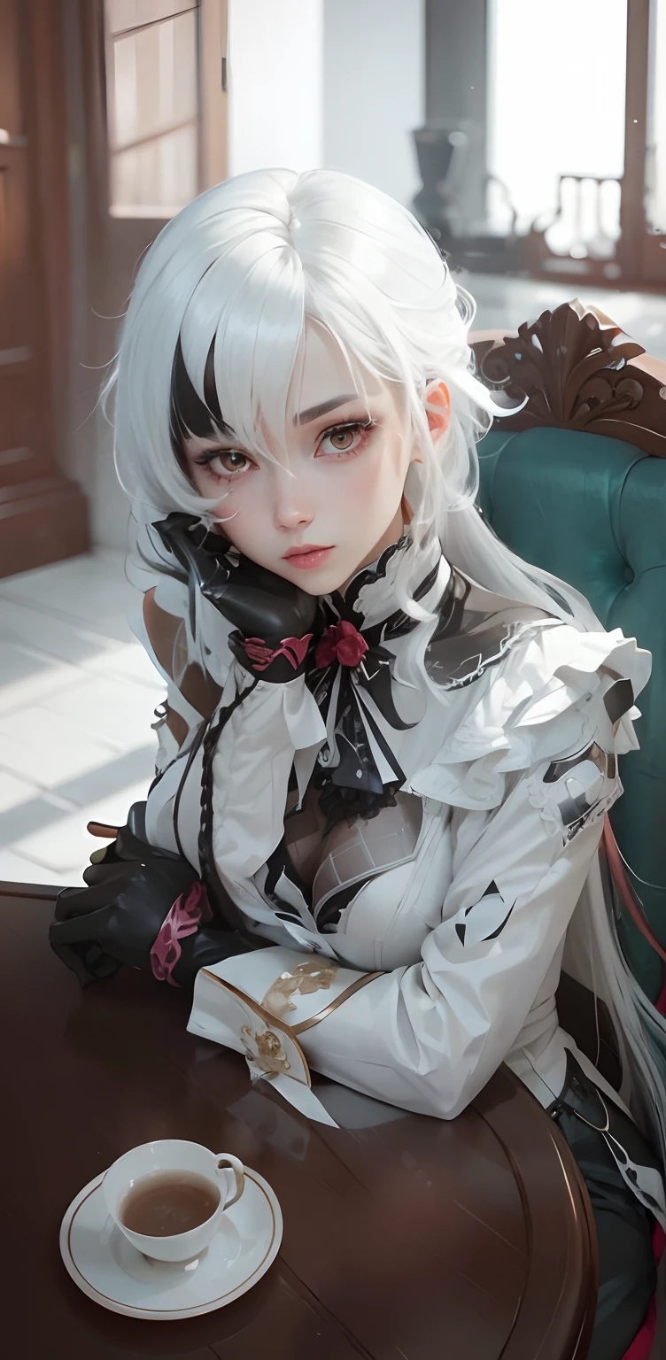 (Extreme Detail CG Unity 8K wallpaper, masterpiece, highest quality), (Exquisite lighting and shadow, highly dramatic picture, Cinematic lens effect), a girl in a white Spider-Man costume, silver gray hair color, from the Spider-Man parallel universe, Wenger, Marvel, Spider-Man, sitting on the couch, dynamic pose), (excellent detail, excellent lighting, wide angle), (excellent rendering, enough to stand out in its class), focus on white Spider-Man costumes, complex spider textures