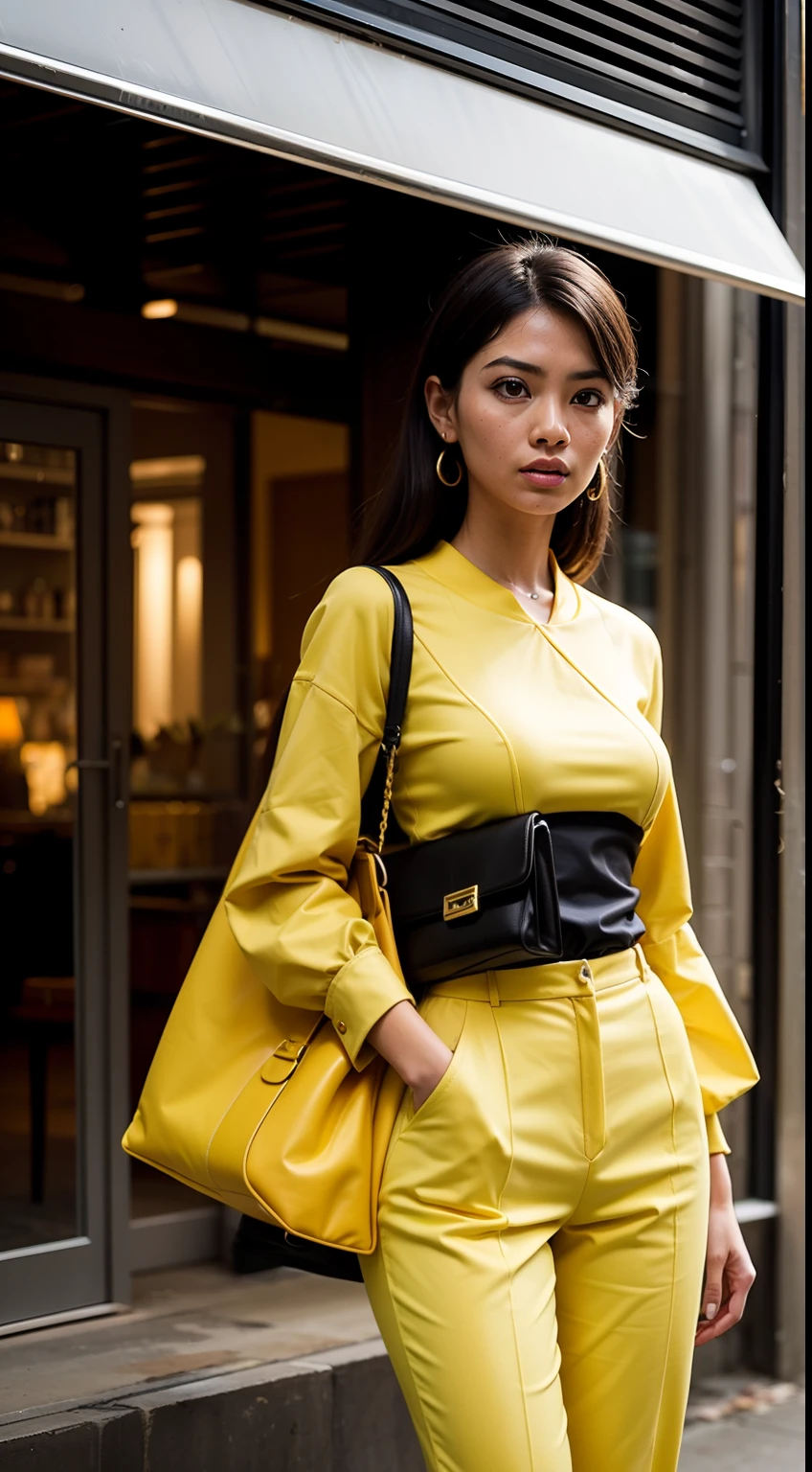Illustrate a thrilling heist scene where the Malay woman wears a sophisticated ensemble inspired by 'The Italian Job,' yellow outfit exuding confidence as she plans the perfect caper
