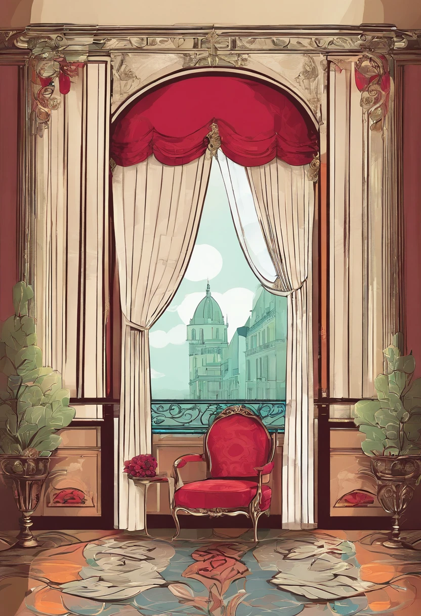 There is a window with a curtain and a vase of flowers, rideau, Rideaux, Beaux rideaux rouge avec des motif vert, rideau, draperie, Rideaux Alizarin, fond fait de grands rideaux, carrelage rideaux, Hotel style in Paris, Large windows overlooking French Town, Window in the bedroom, Sitting in a French apartment, Soft window light, Draperie fantaisie sur les meubles