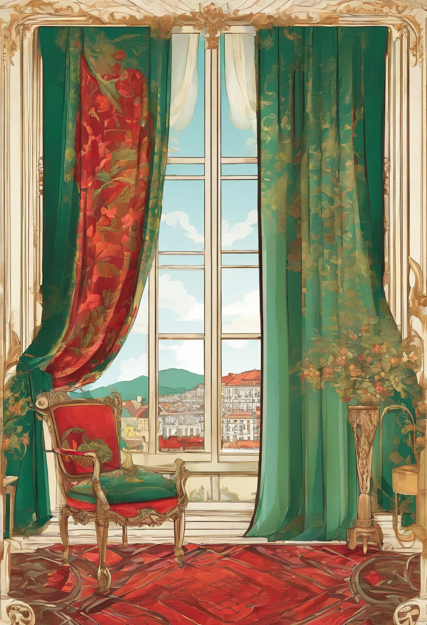 There is a window with a curtain and a vase of flowers, rideau, Rideaux, Beaux rideaux rouge avec des motif vert, rideau, draperie, Rideaux Alizarin, fond fait de grands rideaux, carrelage rideaux, Hotel style in Paris, Large windows overlooking French Town, Window in the bedroom, Sitting in a French apartment, Soft window light, Draperie fantaisie sur les meubles