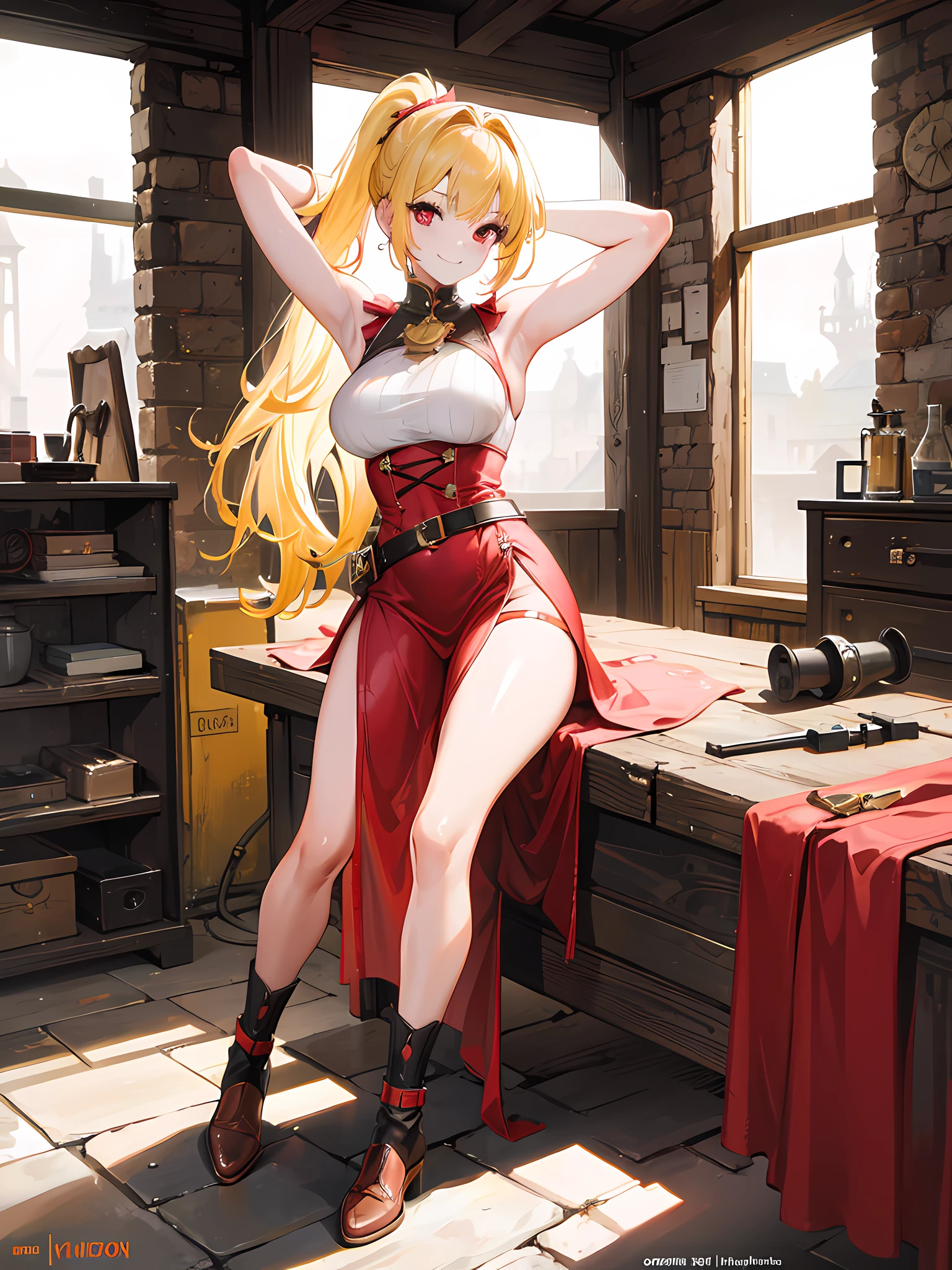 woman, yellow hair in ponytail red eyes, short sleeveless medieval dress, brown shoes, arms up behind head, looking at viewer, smiling, beautiful face, beautiful legs, masterpiece, 8k, high res, sunny day, inside medieval blacksmithing workshop