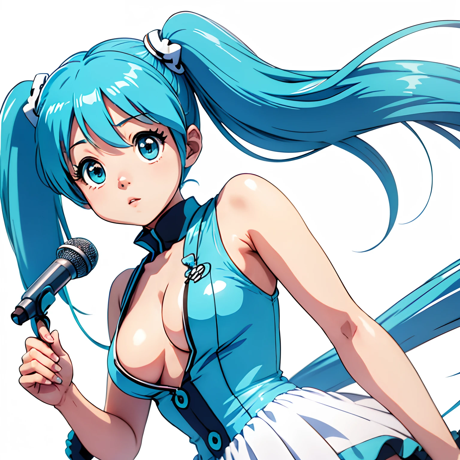 miku hatsune、Big eyes、Blue-haired、Twin-tailed、microphone、White background、Chest illustration、cute little、Shoujo manga style、without background、eyes large、locks、Large breasts、Background white、Blue hair