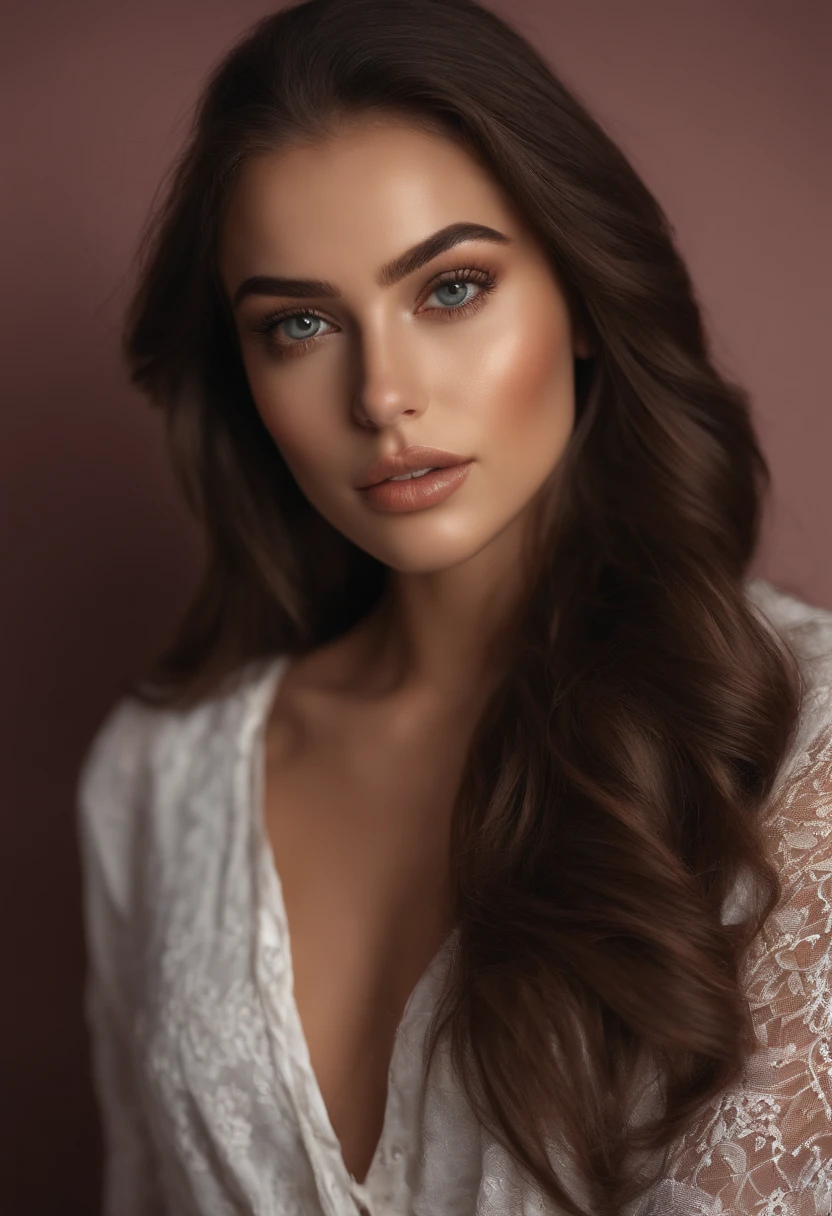 Arafed woman completely , fille sexy aux yeux bruns, ultra realist, Meticulously detailed, Portrait Sophie Mudd, cheveux bruns et grands yeux, selfie of a young woman, Dubai Eyes, Violet Myers, sans maquillage, maquillage naturel, looking straight at camera, Visage avec Artgram, Maquillage subtil, Great photo of the whole body kneeling on the bed, dans la chambre, Medium to large bust