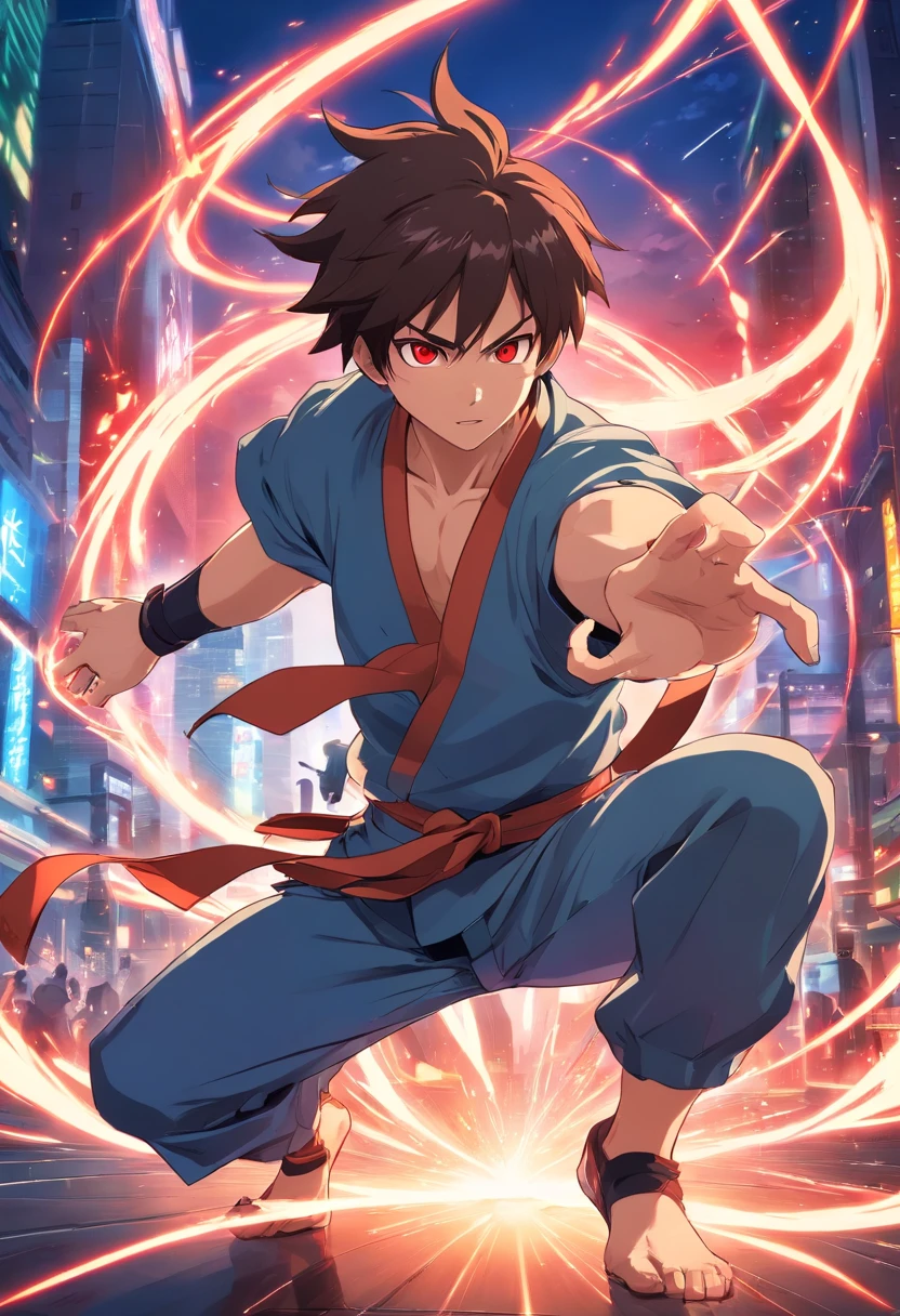 anime-style artwork of a in the midst of a dynamic fight scene. His big red eyes should emit a red neon-style light, radiating intensity and determination as he gracefully navigates the battle. His flowing firing red hair should be in motion, adding to the sense of action. The ninja attire should be meticulously designed to highlight his agility and precision in combat. Depict him mid-action, with a detailed background that conveys the chaos and excitement of the battle, whether it's against other ninjas, mythical creatures, or formidable foes. Capture the essence of the fight with dynamic poses, vivid colors, dramatic lighting, and the striking neon glow in his eyes