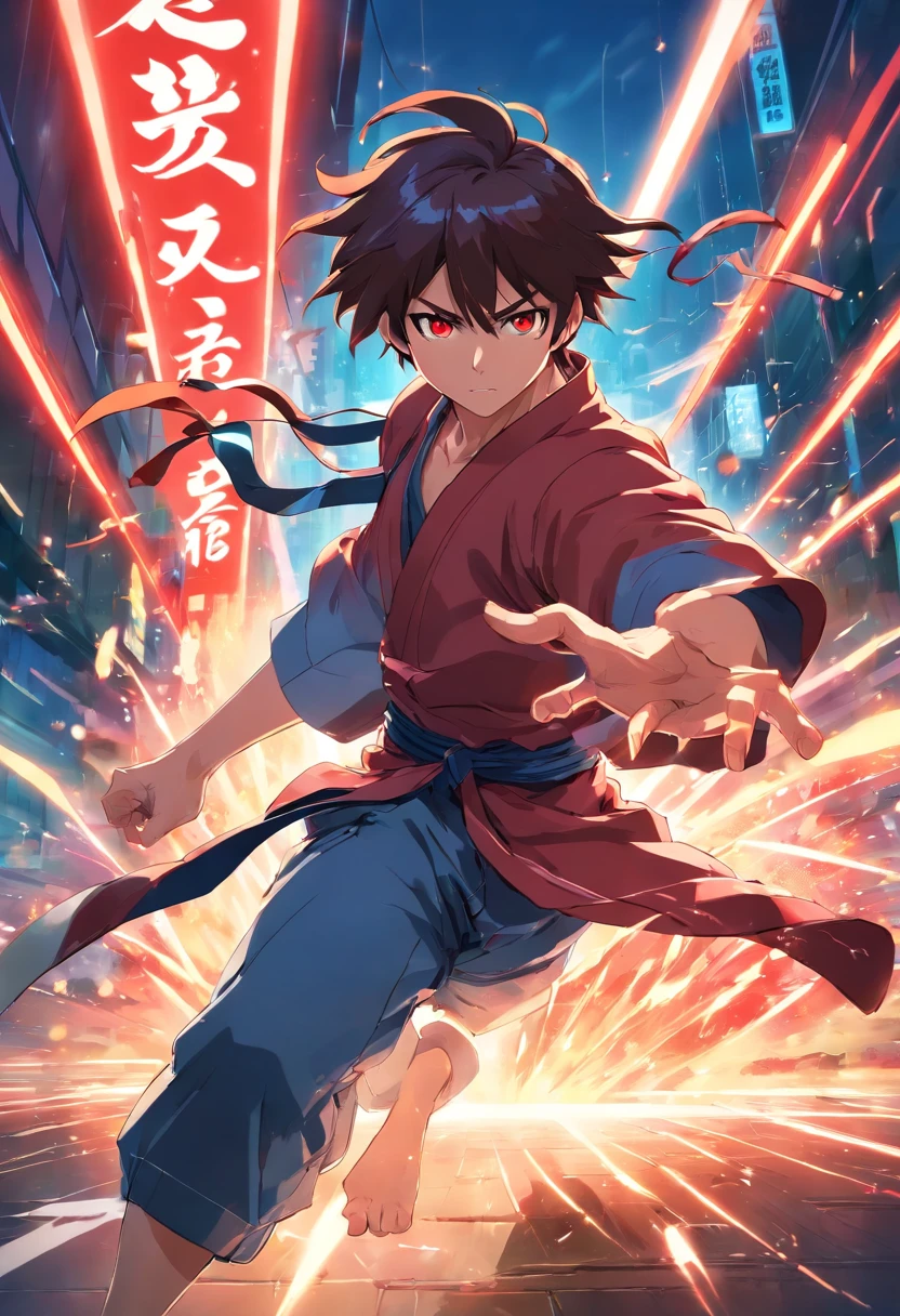 anime-style artwork of a in the midst of a dynamic fight scene. His big red eyes should emit a red neon-style light, radiating intensity and determination as he gracefully navigates the battle. His flowing firing red hair should be in motion, adding to the sense of action. The ninja attire should be meticulously designed to highlight his agility and precision in combat. Depict him mid-action, with a detailed background that conveys the chaos and excitement of the battle, whether it's against other ninjas, mythical creatures, or formidable foes. Capture the essence of the fight with dynamic poses, vivid colors, dramatic lighting, and the striking neon glow in his eyes