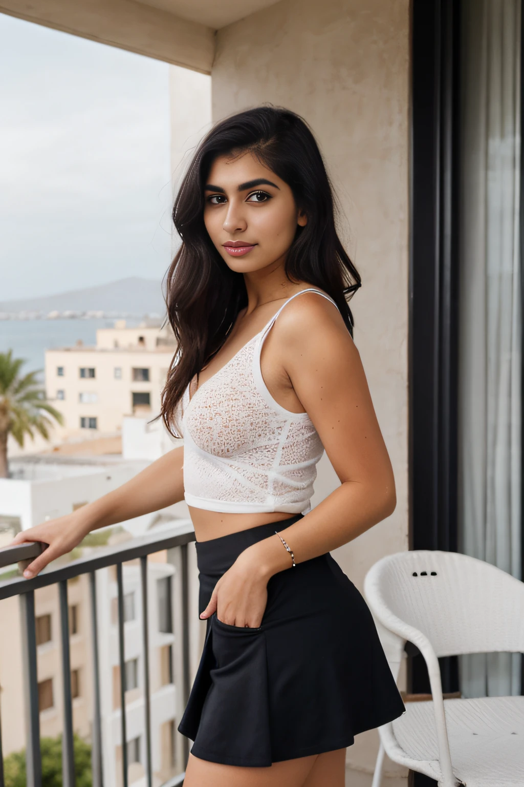 22 years old, wgz style, petite woman, darker skin, dark skinned woman, sexy body, small sized breasts, small breasts, Arab race, darker skin, olive skin color, Mia Khalifa lookalike, makeup, soft skin, hyper realistic, freckles on face,, hands not showing, palms hidden, freckles on body, black hair color, black hair woman, black hair, skirt, hot top, sfw, no nudity, body covered, in a balcony, , straight hair, beautiful view, far shot, romantic background, realistic, petite woman, small woman,