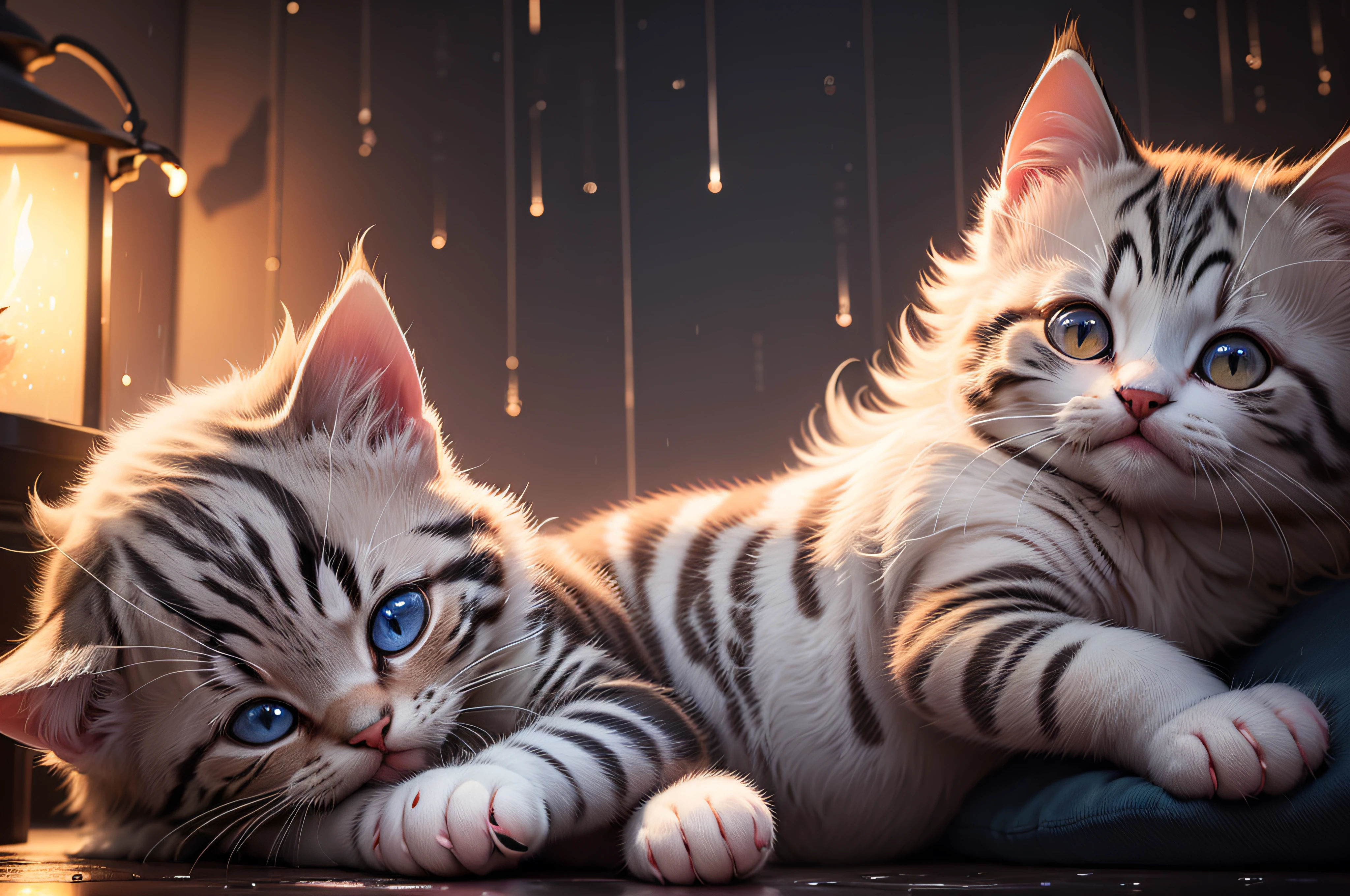 A kitten is in the middle of a rainy night