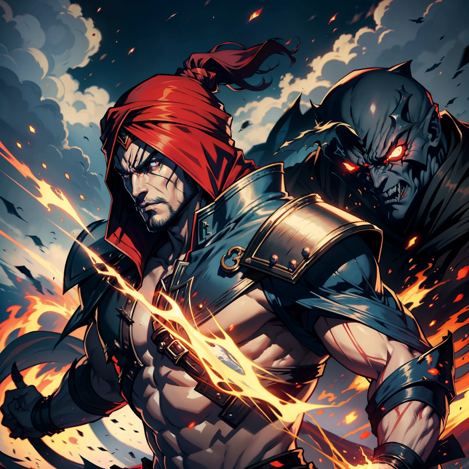 Castlevania Hyper Realistic Shadow Lord Super Detailed Dynamic Shot Master Piece of Lord Dracula Medieval Arab Warrior with Red Turban Scary Face Hokuto No Ken Structure Muscular Face Kenshiro Troops at the head Army of demons to fight sharp details Cinematic Scenes Epic Movie Movie Hyper Realistic Movie Legendary Movie Epic Movie