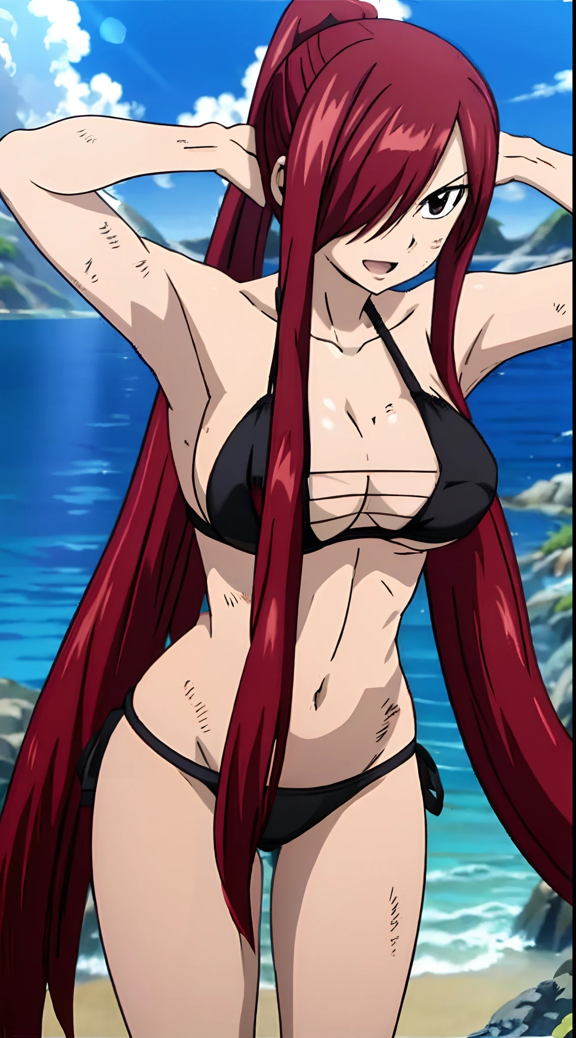 masterpiece, anime style, beach, best quality, highres, fairy tail, 1girl, long hair, ponytail, reddish hair, (bang cover one eye, one hidden eye, brown eye), large breasts, collarbone, midriff, black bikini, standing, outdoors, smile, open mouth, emo hair, thick arms, broad shoulders, mature woman, (tall), wide shoulders, long belly, armpit, strong arms, ultra detailed arms