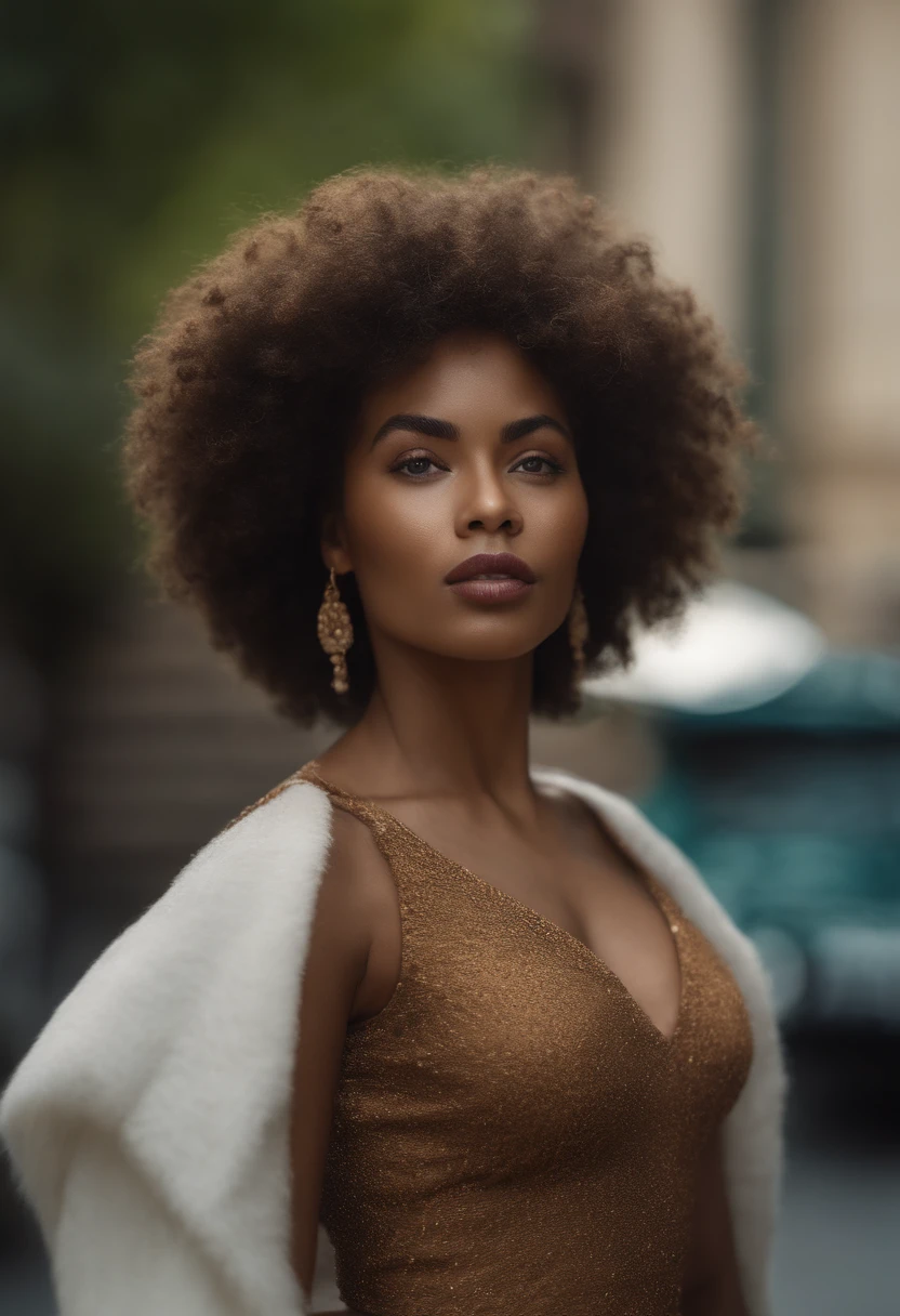 Destini com um cabelo afro muito grande posando para uma foto, a digital rendering by Juan O'Gorman, Vencedor do concurso da Shutterstock, afrofuturismo, afro, cabelo afro, com cabelo e pele texturizados, com afro, pele castanho-clara, Brown skin. maquiagem leve, mixed race woman, Brown skin, brilho natural difuso da pele, pardo, Make her look real and very beautiful