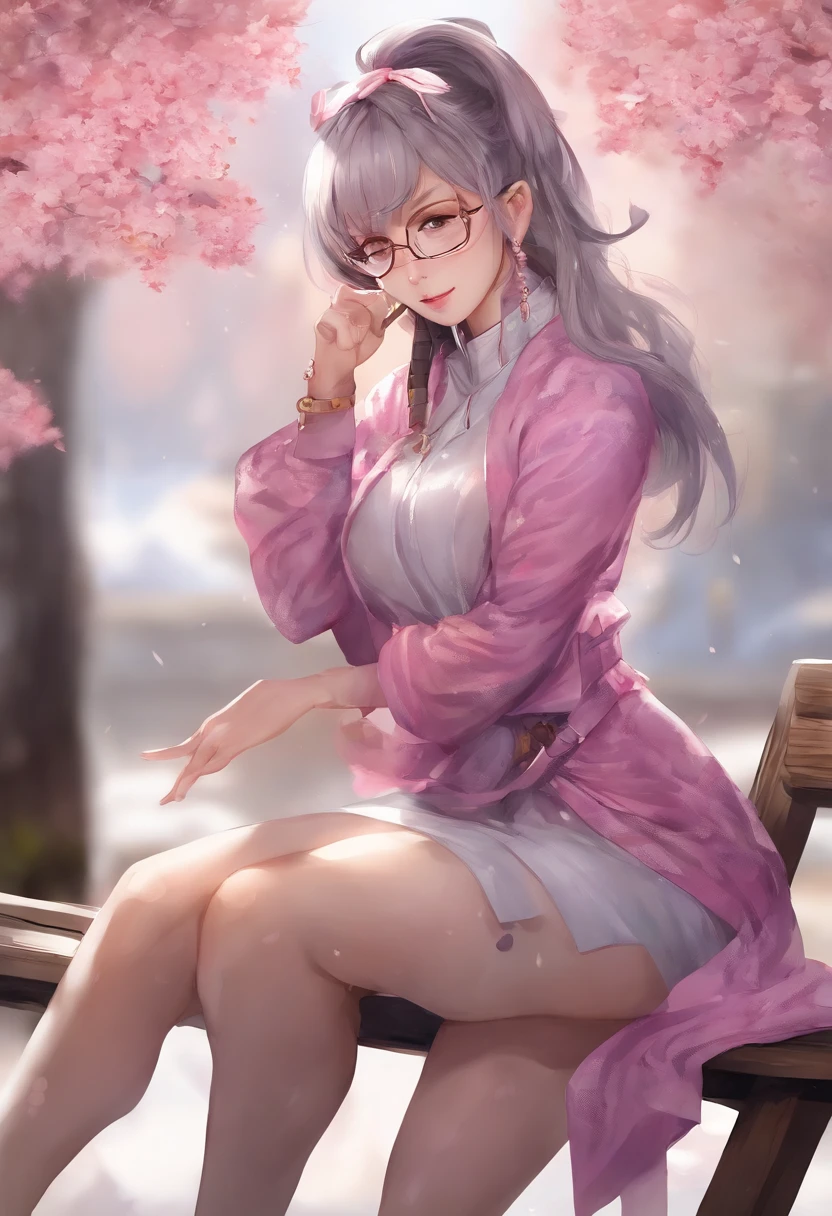 raiden shogun, genshin impact, long hair, hair ornament, glasses, purple eyes, thick eyelashes, bright pupils, detailed eyes, pink lips, blush, seductive smile, open mouth, big breasts, thick thighs, neclace, bracelets, hand up++, shy, yandere, pink sweater, purple coat, open clothes, black miniskirt, long socks, perfect cherry blossom, perfect anatomy, perfect lightning, perfect shadows, soft lightning, solo focus, detailed face, female pervert, ultra hd, high quality, sitting on bench,