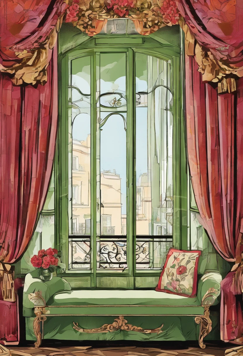 There is a window with a curtain and a vase of flowers, rideau, Rideaux, Beaux rideaux rouge avec des motif vert, rideau, draperie, Rideaux Alizarin, fond fait de grands rideaux, carrelage rideaux, Hotel style in Paris, Large windows overlooking French Town, Window in the bedroom, Sitting in a French apartment, Soft window light, Draperie fantaisie sur les meubles. Photographie fait par un professionnel. real photo